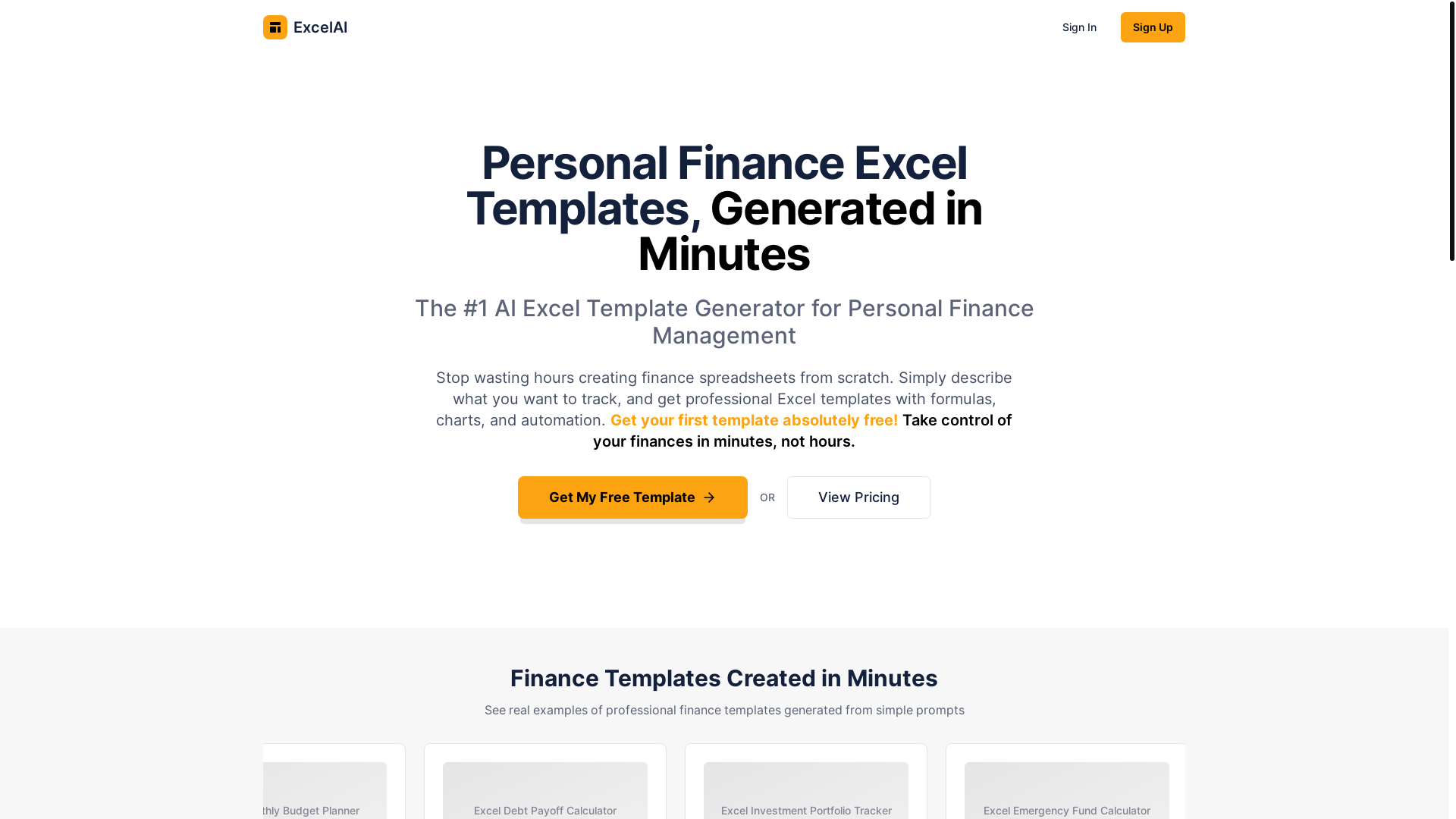 website screenshot of https://exceltemplategenerator.com/