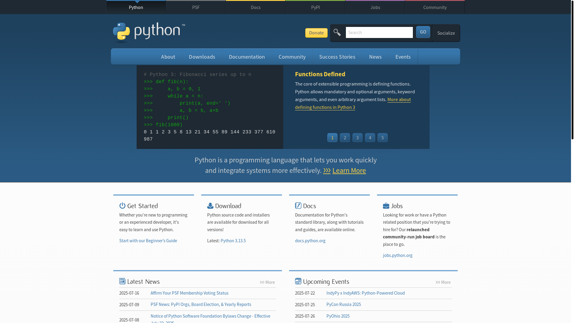 website screenshot of https://www.python.org/