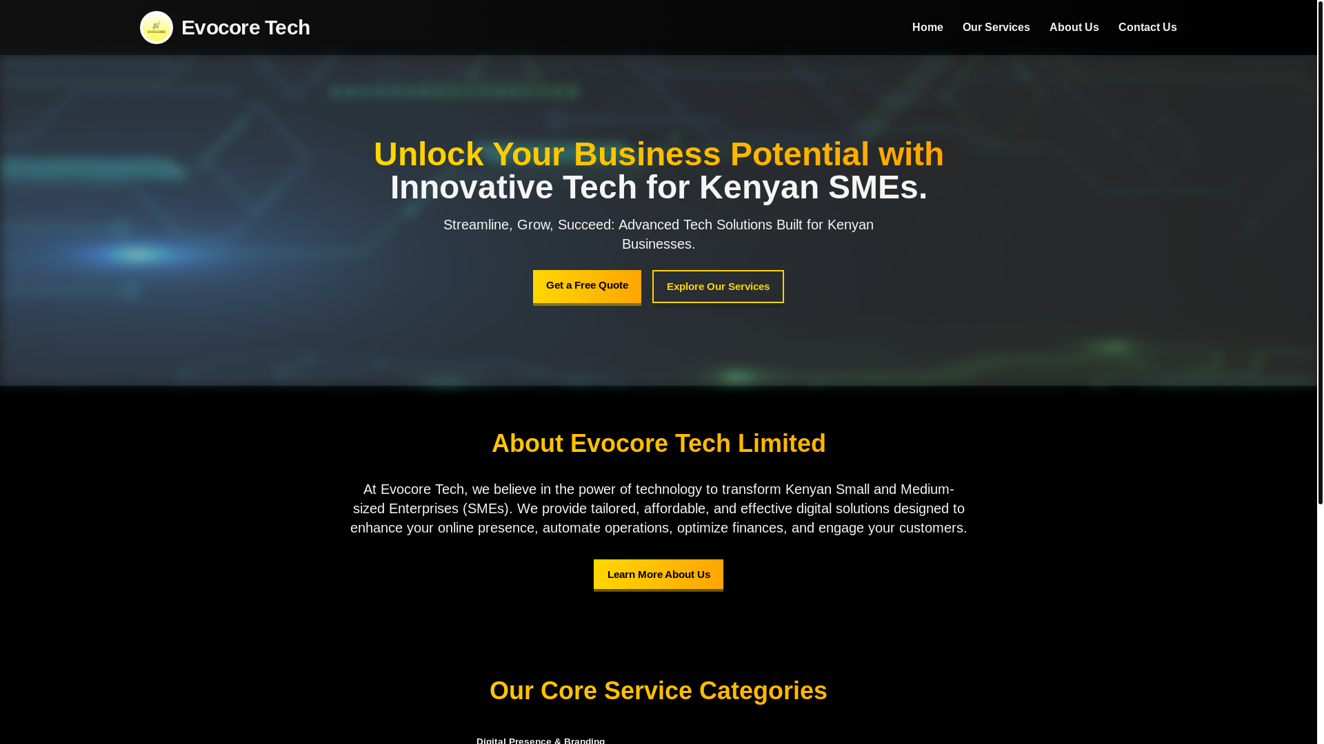 website screenshot of https://evocoretech.co.ke/