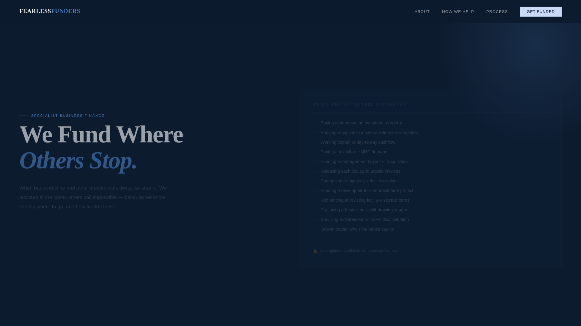 website screenshot of https://fearlessfunders.co.uk/