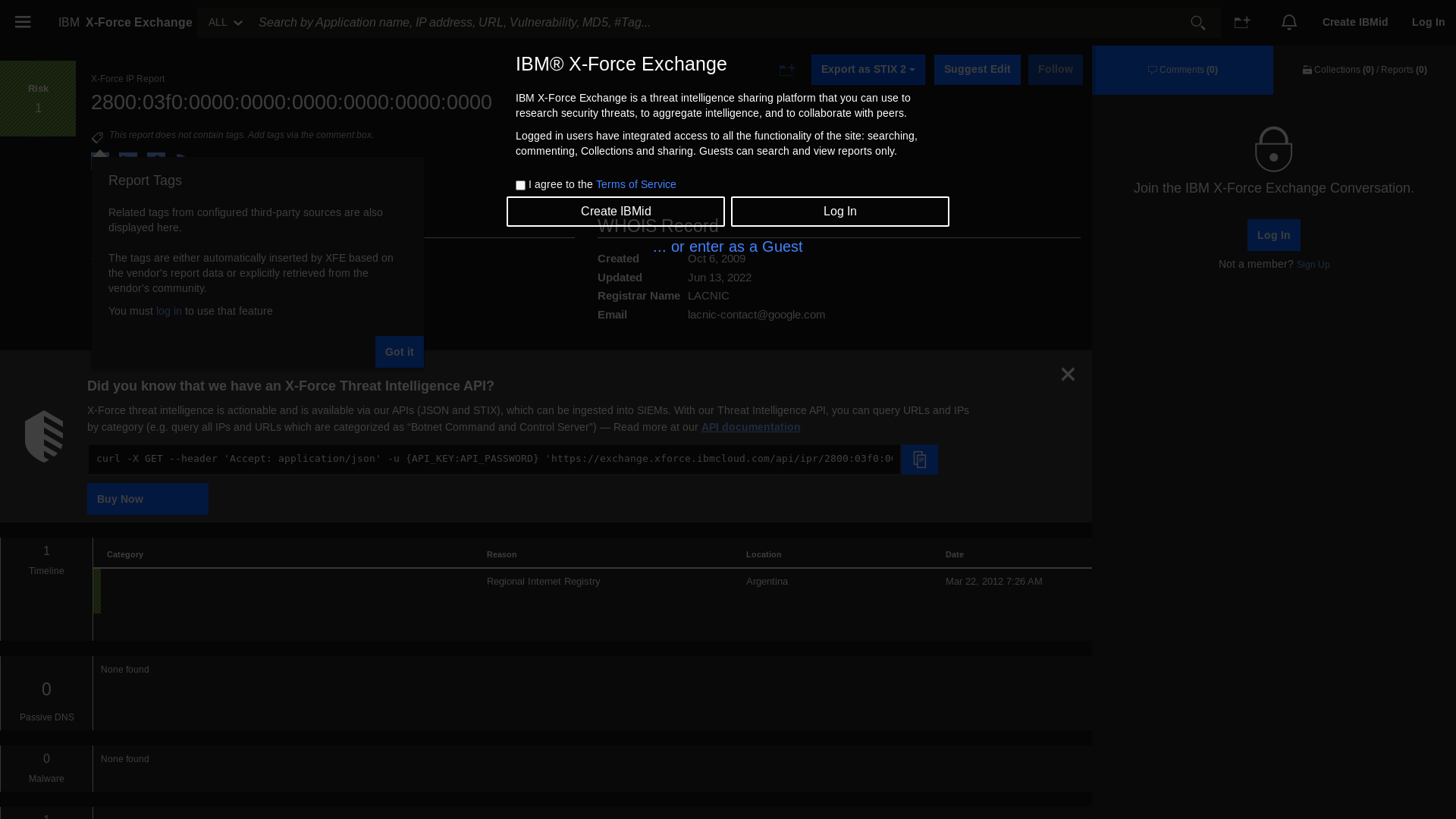 website screenshot of https://exchange.xforce.ibmcloud.com/ip/2800:03f0:0000:0000:0000:0000:0000:0000