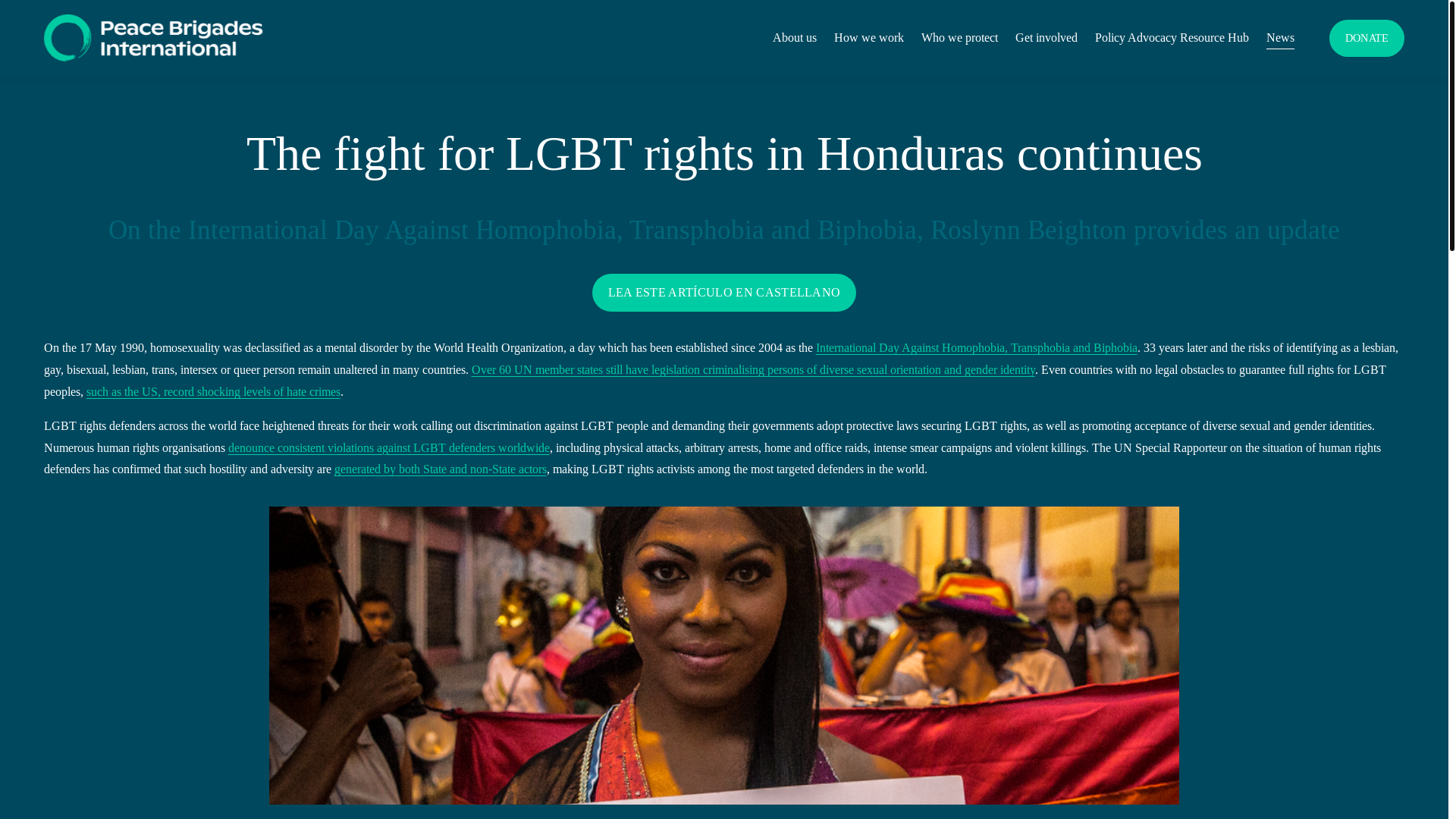website screenshot of https://peacebrigades.org.uk/news/the-fight-for-lgbt-rights-in-honduras-continues