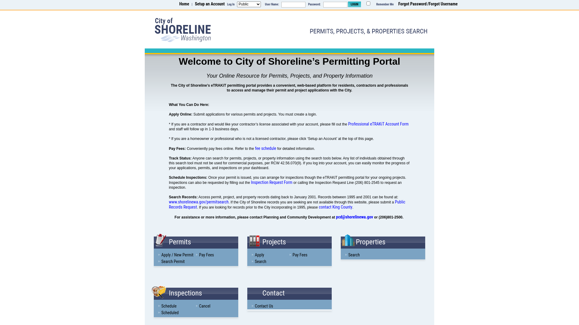 website screenshot of https://permits.shorelinewa.gov/
