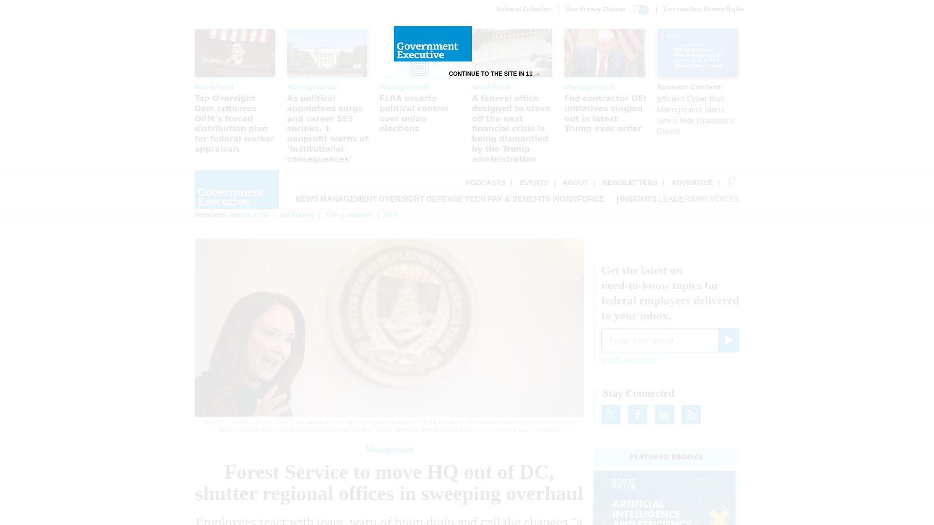website screenshot of https://www.govexec.com/management/2026/04/forest-service-move-hq-out-dc-shutter-regional-offices-sweeping-overhaul/412566/