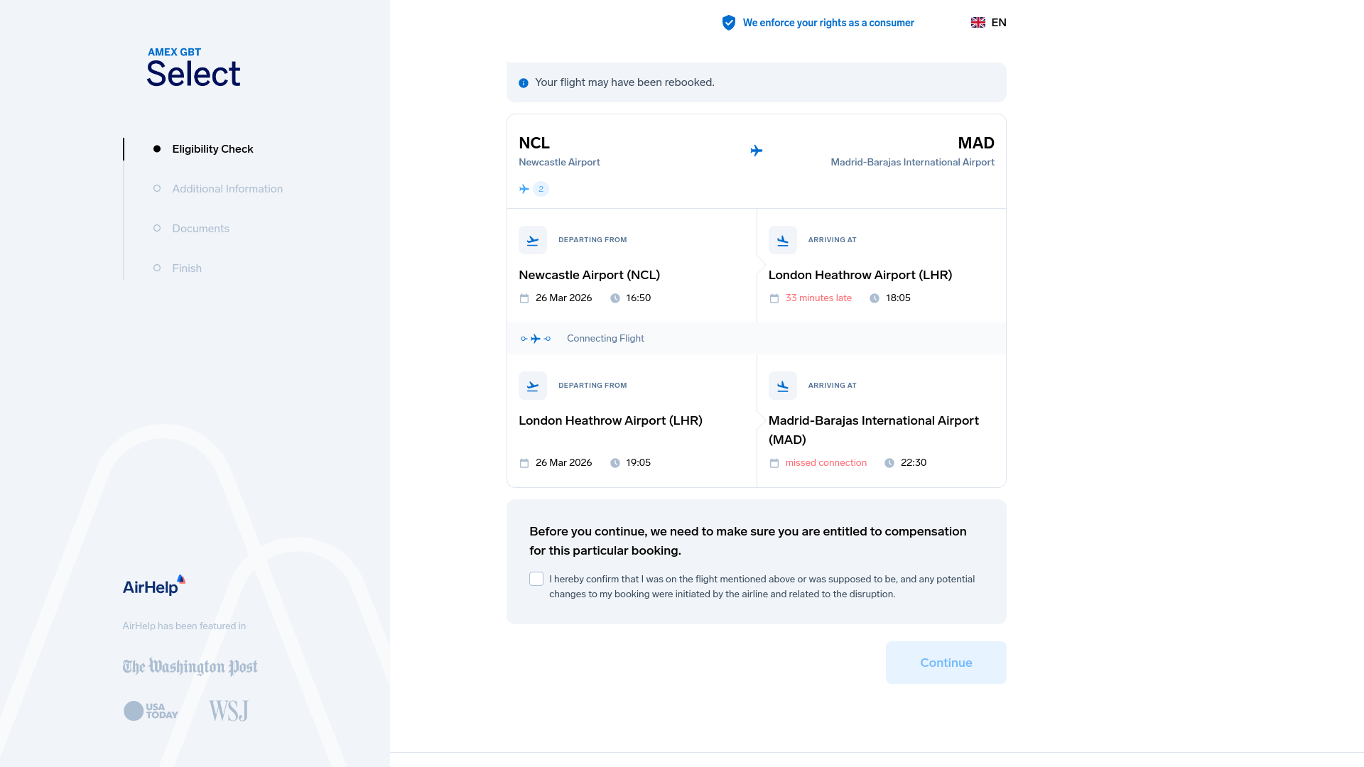 website screenshot of https://mandrillapp.com/track/click/30612327/funnel.airhelp.com?p=eyJzIjoiLU9Md1RGVC14ZG1WOFNHMjM0dVd2enRBQlA4IiwidiI6MiwicCI6IntcInVcIjozMDYxMjMyNyxcInZcIjoyLFwidXJsXCI6XCJodHRwczpcXFwvXFxcL2Z1bm5lbC5haXJoZWxwLmNvbVxcXC9vdGFcXFwvYW1leF9nYnRcXFwvZTQyM2Q1YTUtZTU1OS00MTE1LTk0MjItYTQ1MTkwM2VlMTBmP2xhbmc9ZW4mYWhjaWQ9NzI1OTk0JnV0bV9jYW1wYWlnbj1hbWV4X2didCZ1dG1fc291cmNlPW90YSZ1dG1fbWVkaXVtPWVtYWlsXCIsXCJpZFwiOlwiYWUzMWJjYmQxYzU3NDNhMGI5MDgzYzYyNzZjYTBmZThcIixcInVybF9pZHNcIjpbXCI3Mjc1OTFlZTMzZTE3NzQ2MTkyZWNmNGRhYmIzNDUxODE1NjZmNmNlXCJdLFwibXNnX3RzXCI6MTc3NDU5NTAzNX0ifQ