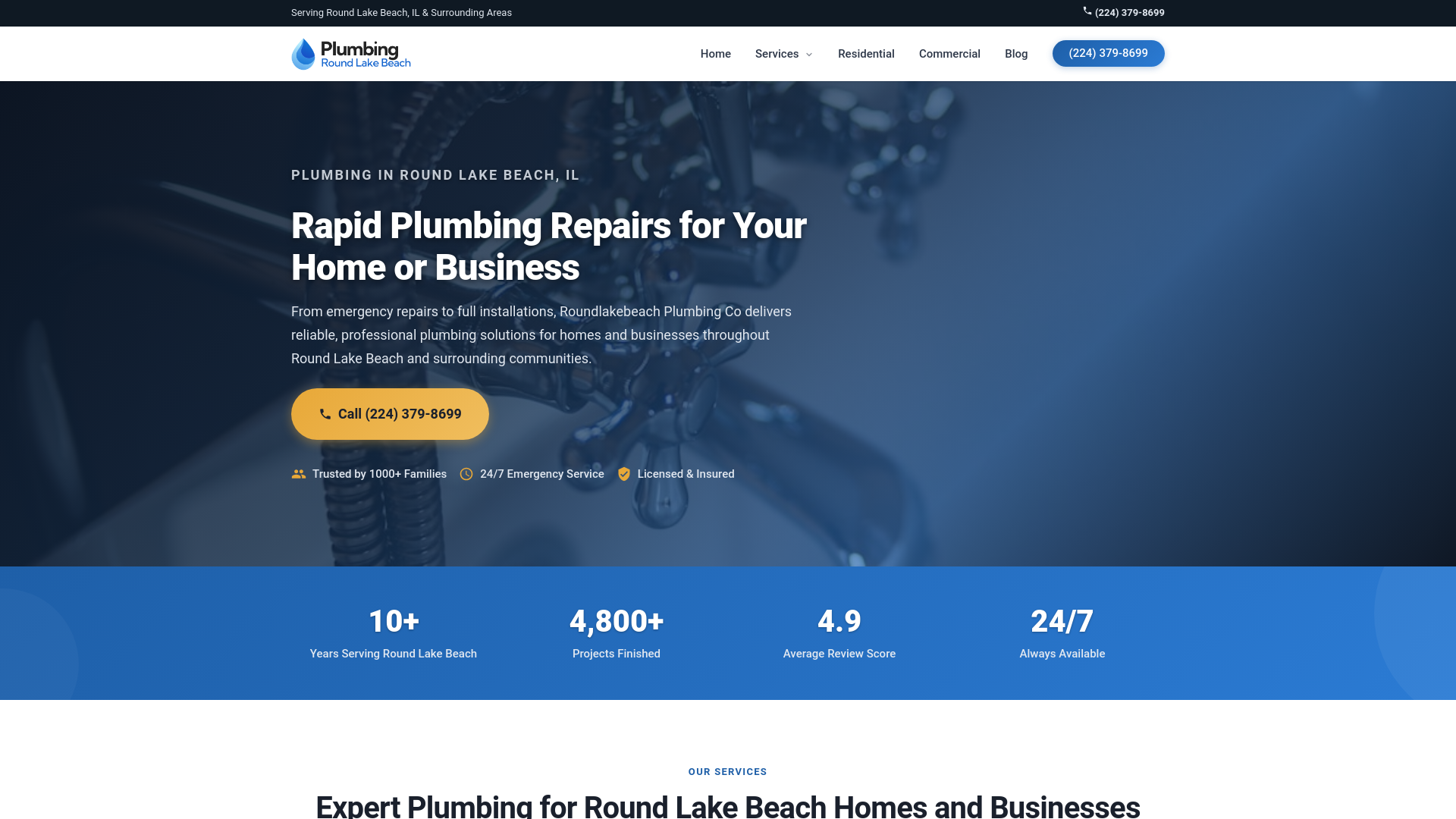 website screenshot of https://roundlakebeachplumbingco.com/