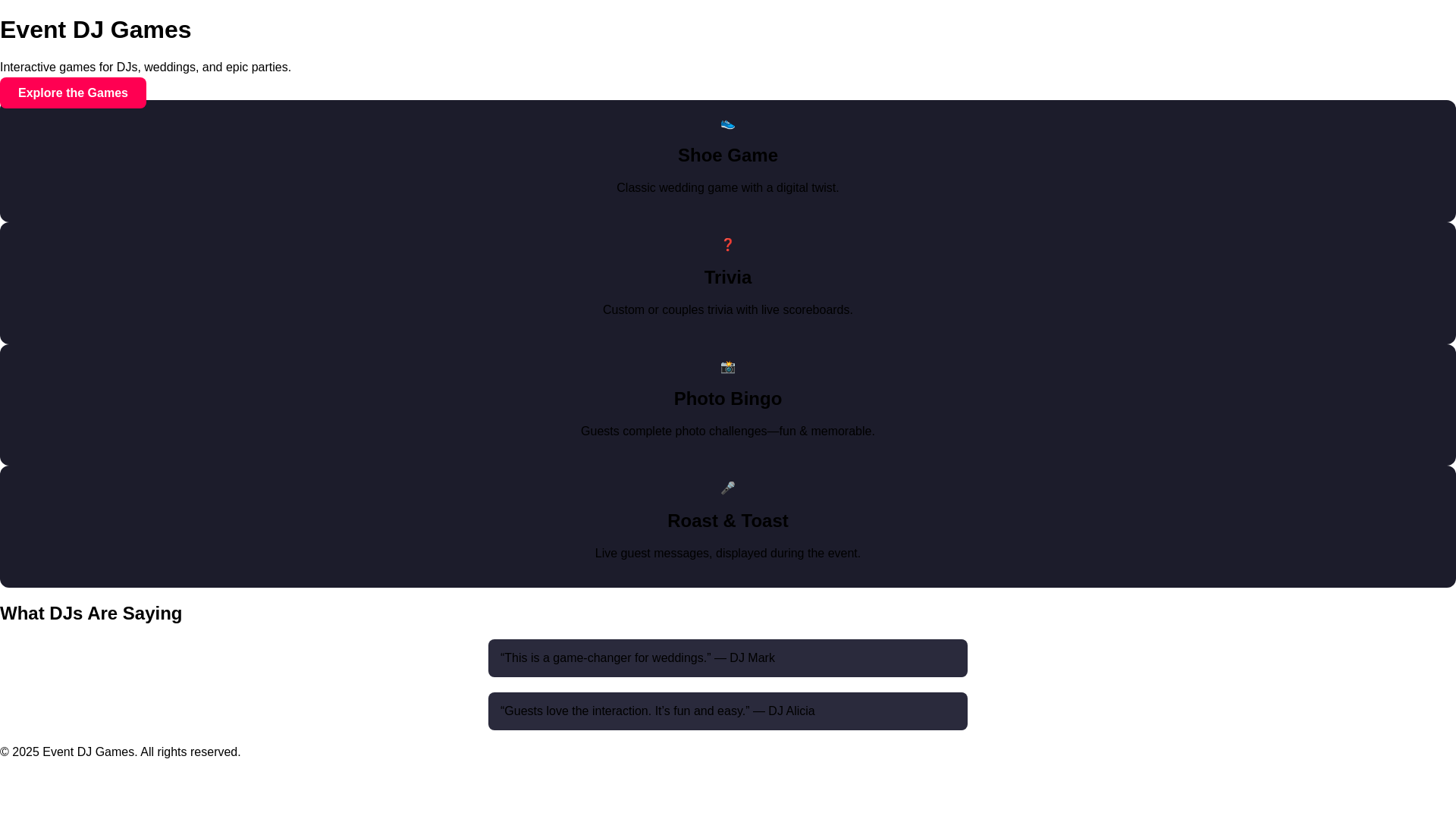 website screenshot of https://eventdjgames.com/