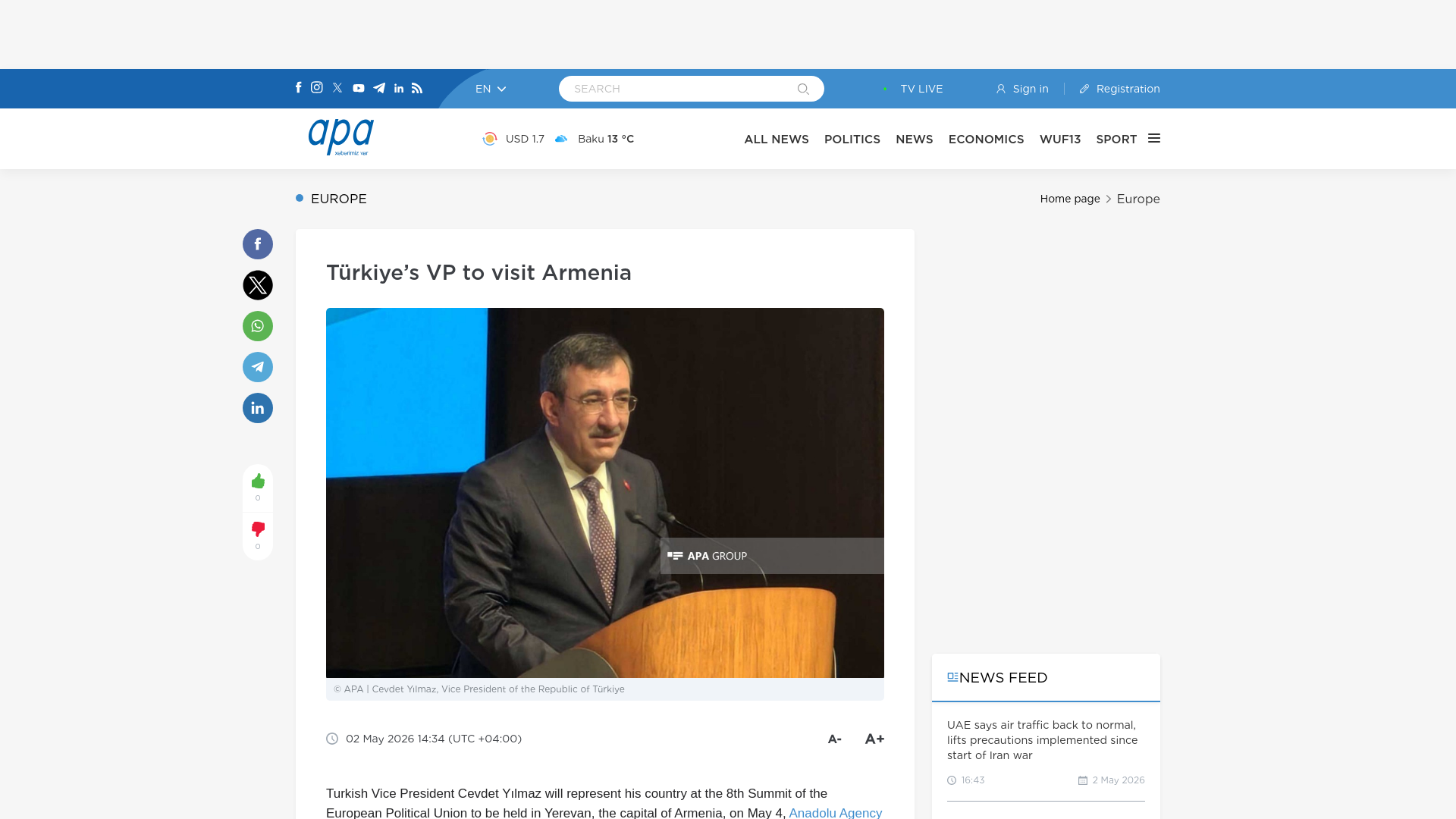 website screenshot of https://en.apa.az/europe/turkiyes-vp-to-visit-armenia-504243