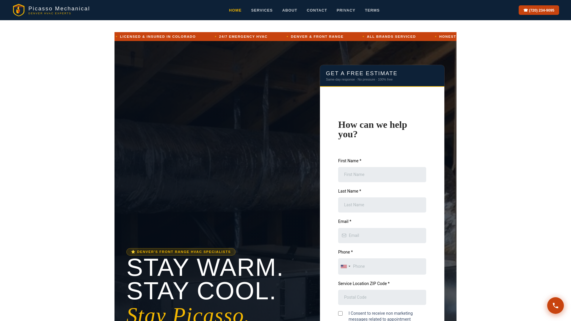 website screenshot of https://picassohvac.com/