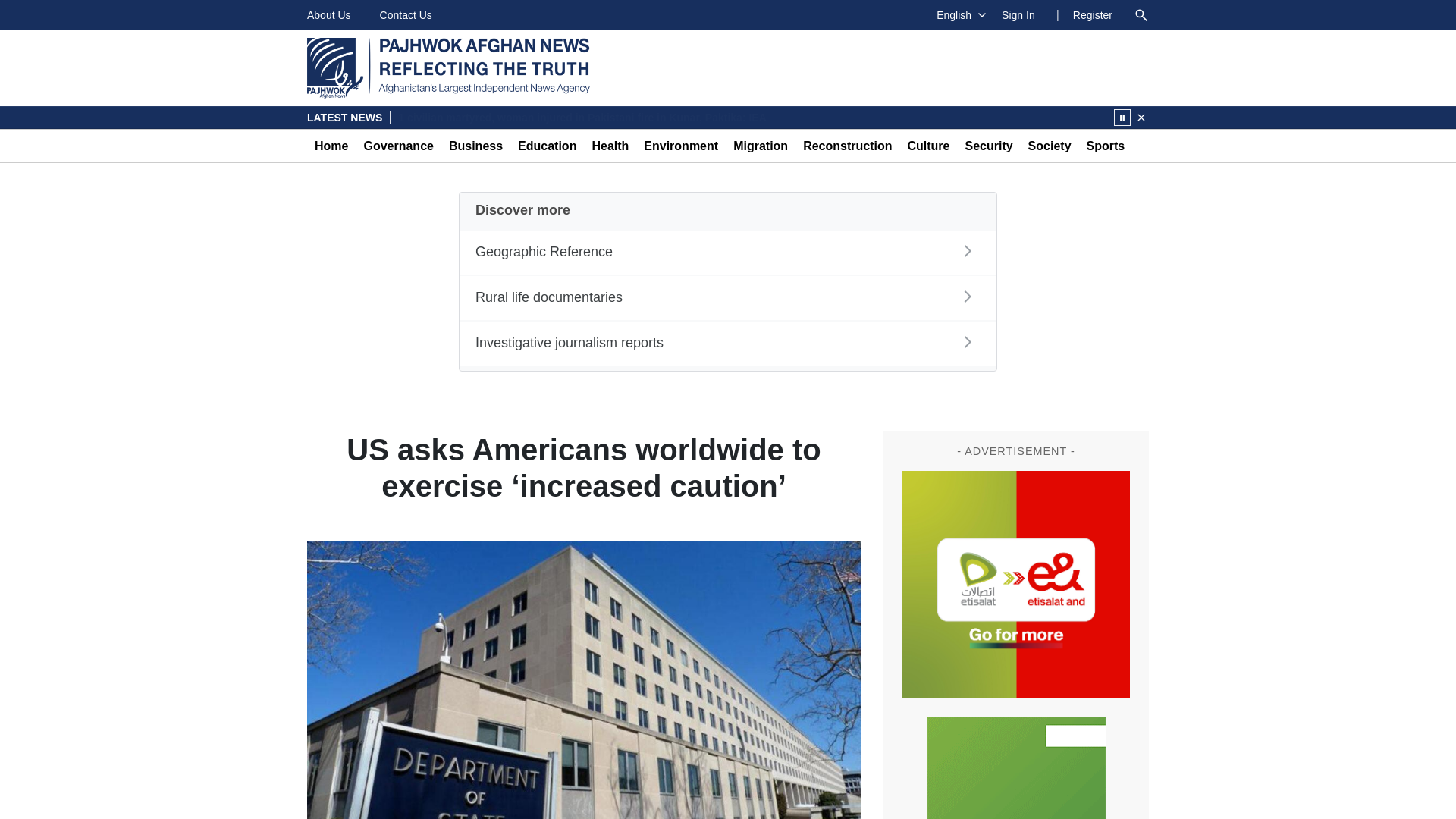 website screenshot of https://pajhwok.com/2026/03/23/us-asks-americans-worldwide-to-exercise-increased-caution/