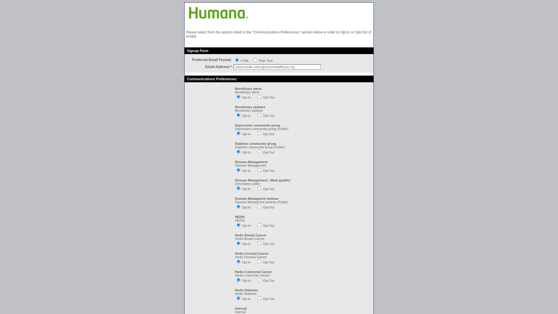 website screenshot of https://humana.xert.net/MPs/selfService.cfm?cid=12510929.9830.0