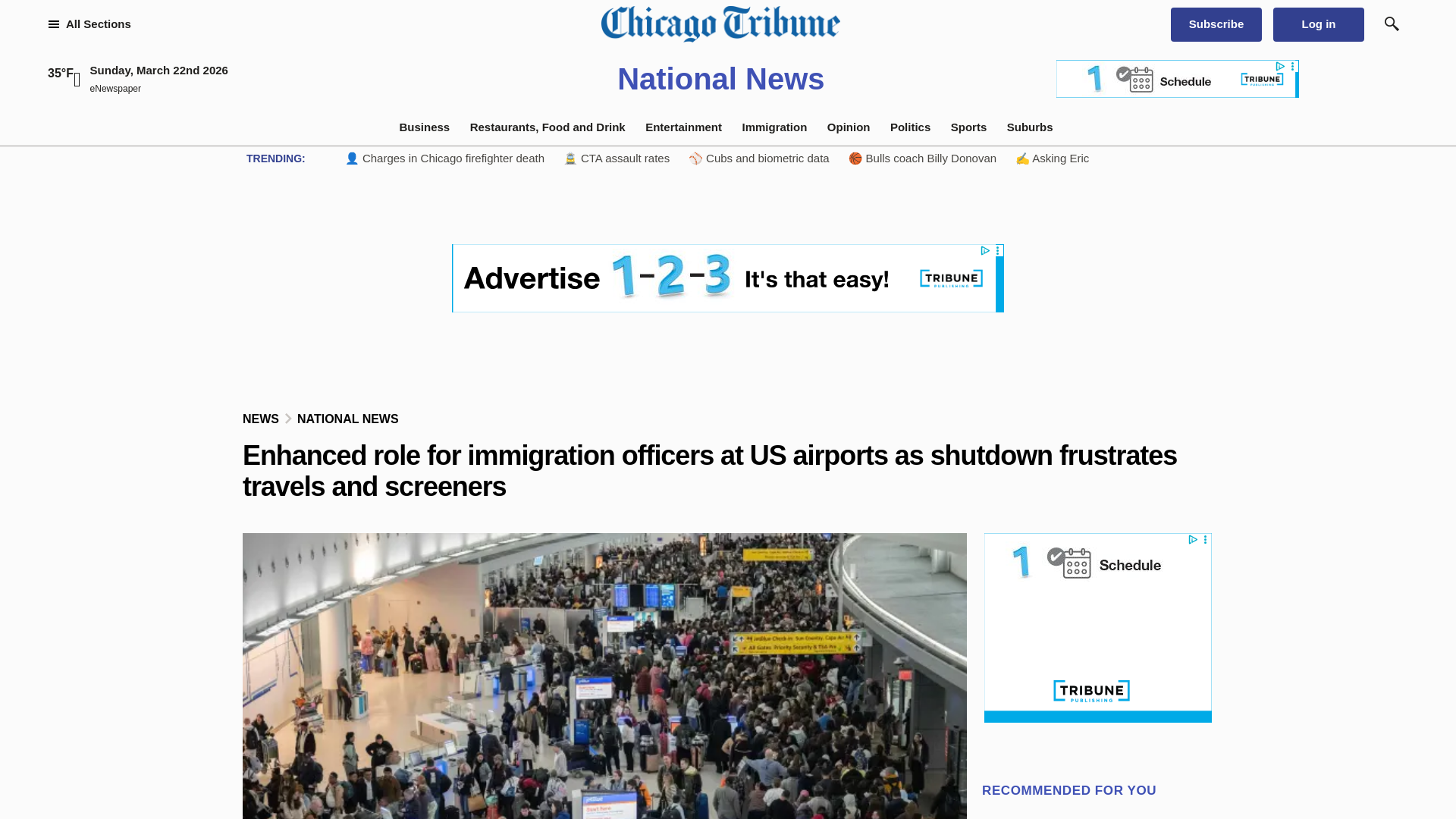 website screenshot of https://www.chicagotribune.com/2026/03/22/immigration-officers-airports-shutdown/