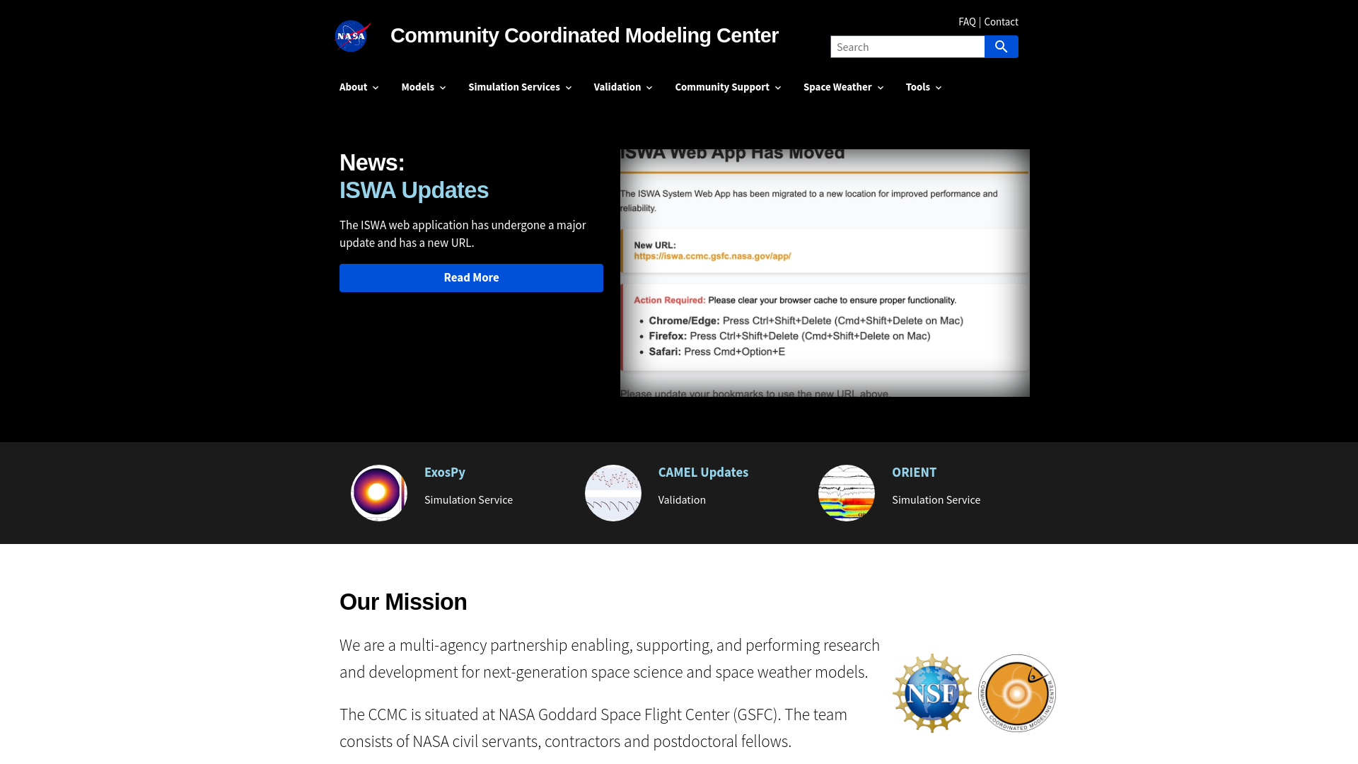 website screenshot of https://ccmc.gsfc.nasa.gov/