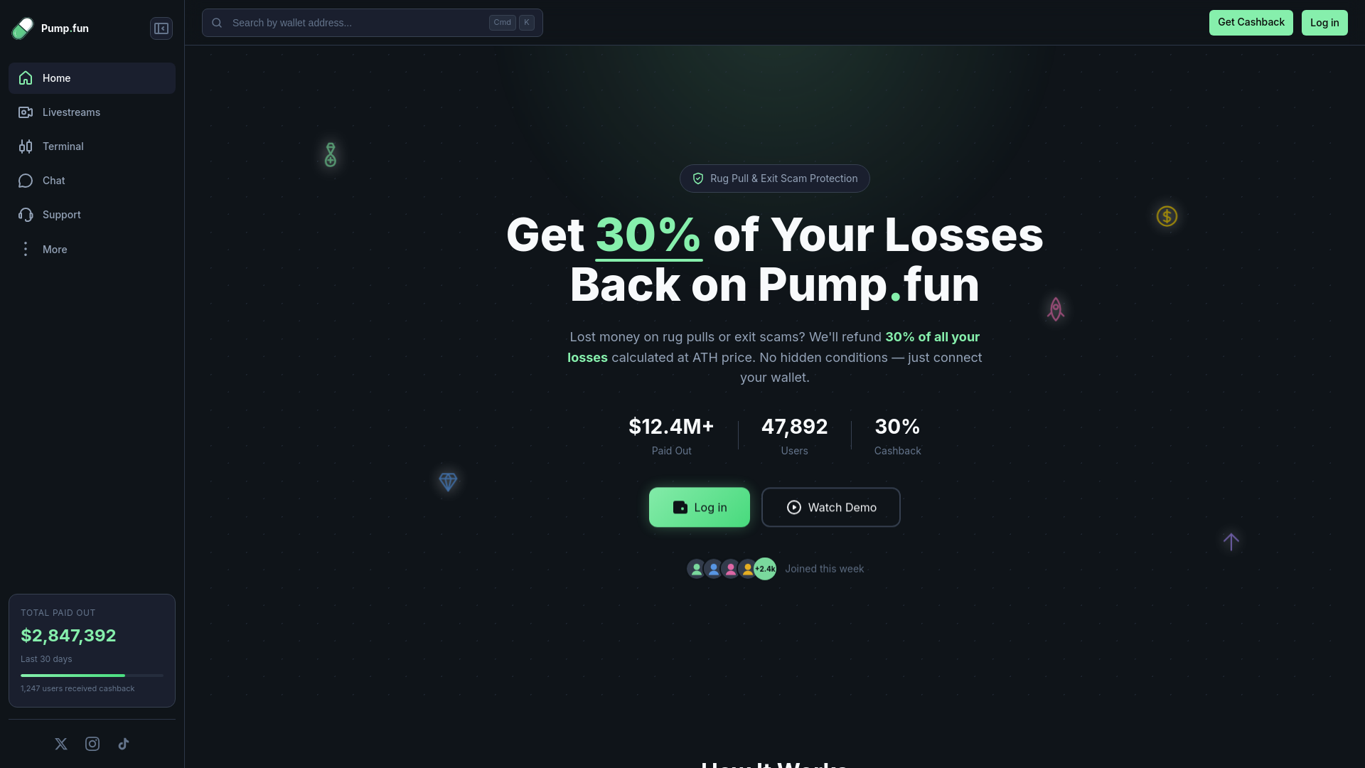website screenshot of https://cashback-pumps.fun
