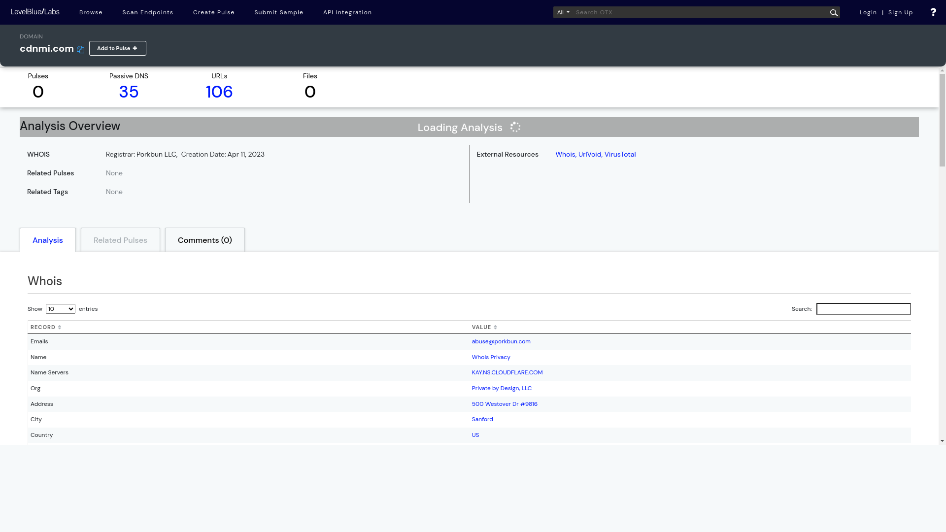 website screenshot of https://otx.alienvault.com/indicator/domain/cdnmi.com