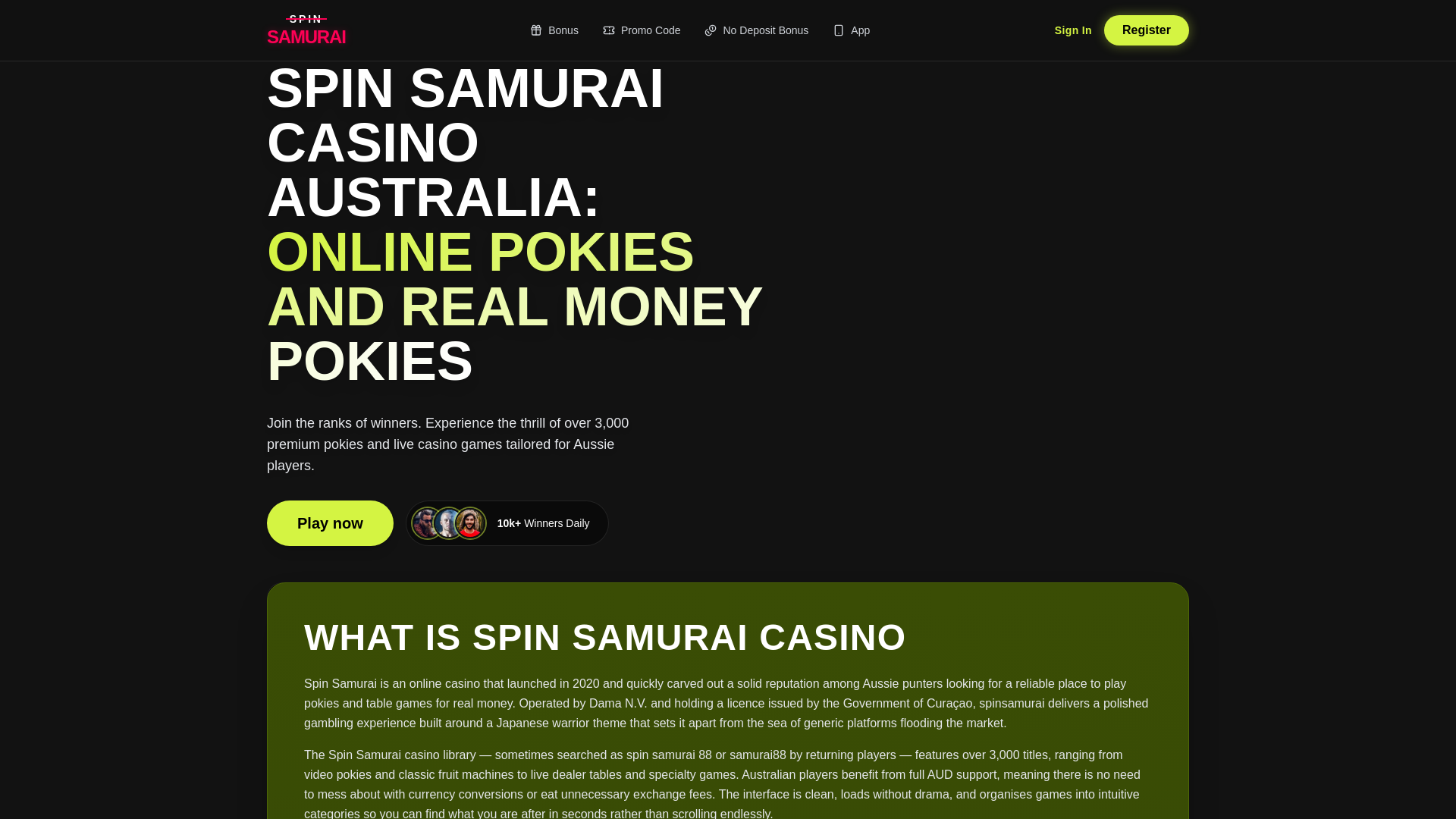 website screenshot of https://spinsamurai-aus.onl/