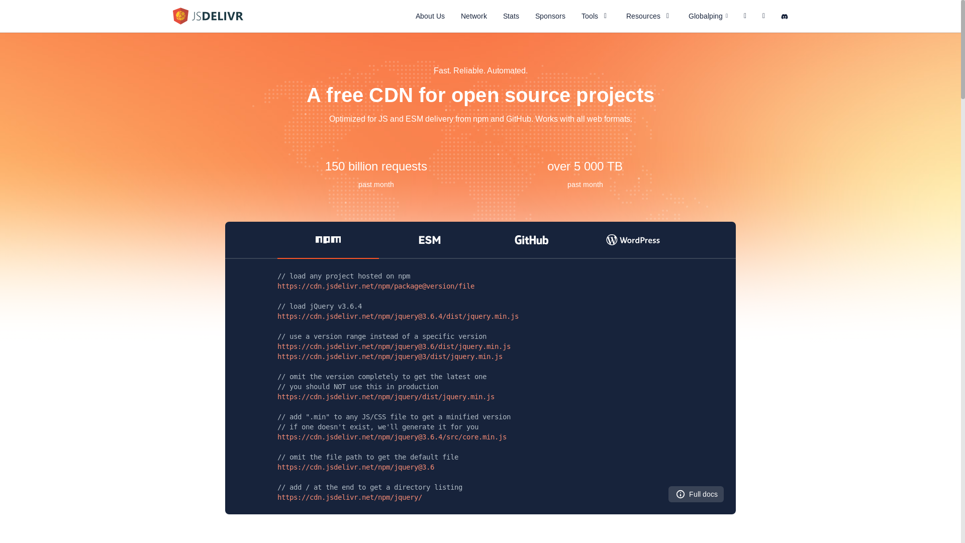 website screenshot of https://jsdelivr.com