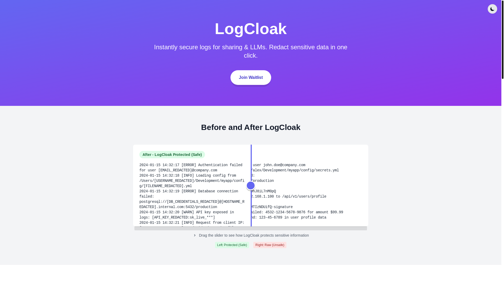 website screenshot of https://logcloak-landing.pages.dev/
