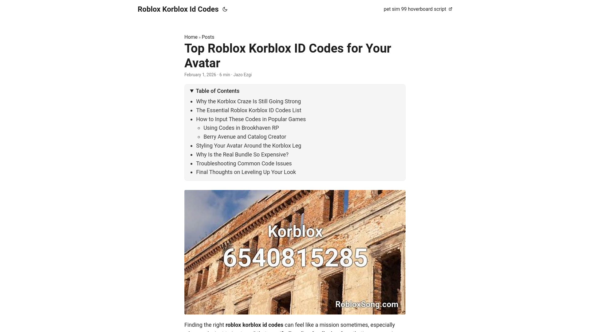 website screenshot of https://roblox-korblox-id-codes.pages.dev/