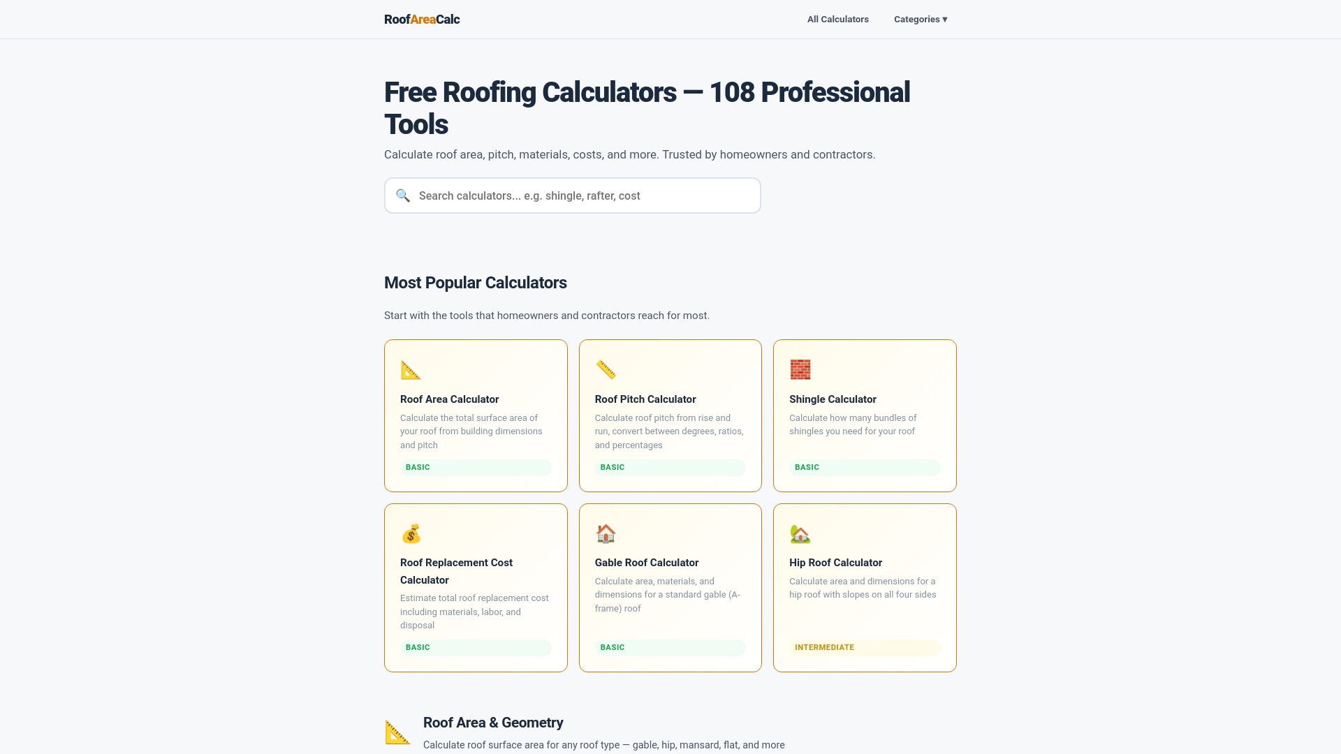 website screenshot of https://roofareacalc.pages.dev/