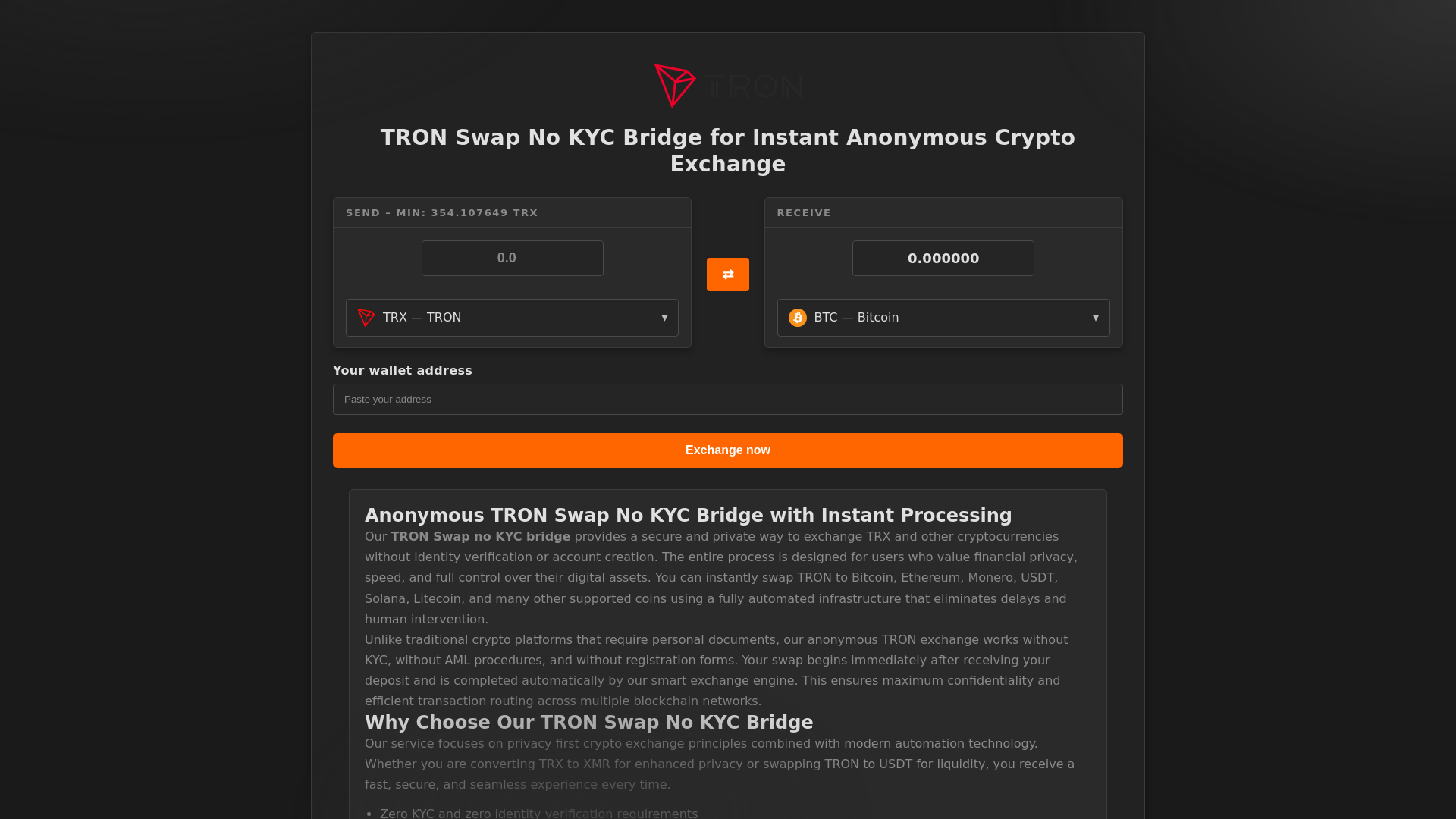 website screenshot of https://t-no-kyc-swap.com/