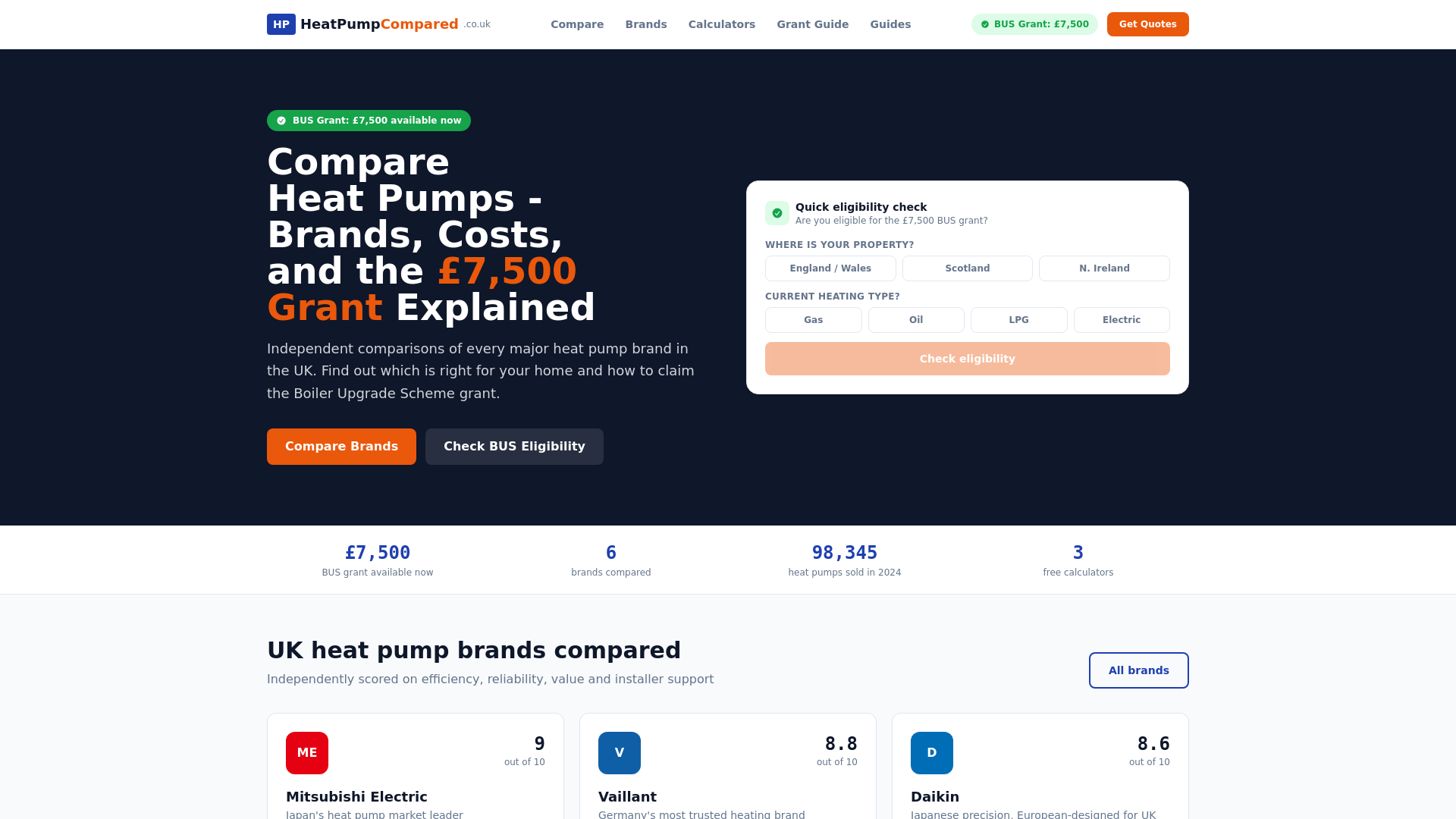 website screenshot of https://heatpumpcompared.co.uk/