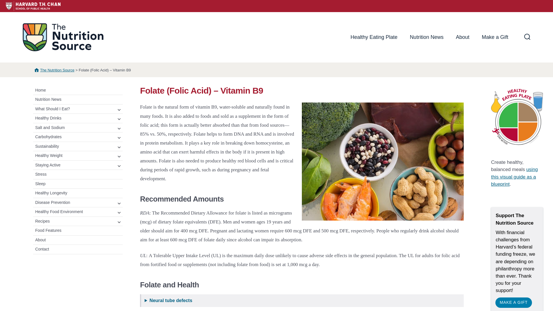 website screenshot of https://nutritionsource.hsph.harvard.edu/folic-acid/