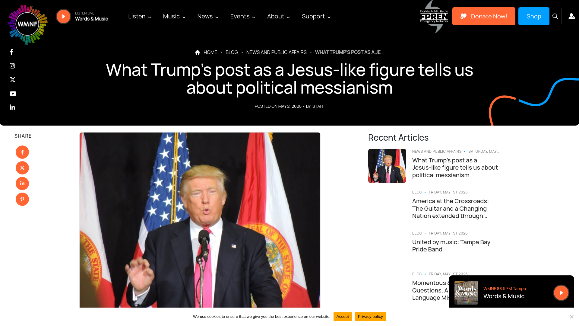 website screenshot of https://www.wmnf.org/what-trumps-post-jesus%E2%80%91like-figure-tells-us-political-messianism-wmnf/