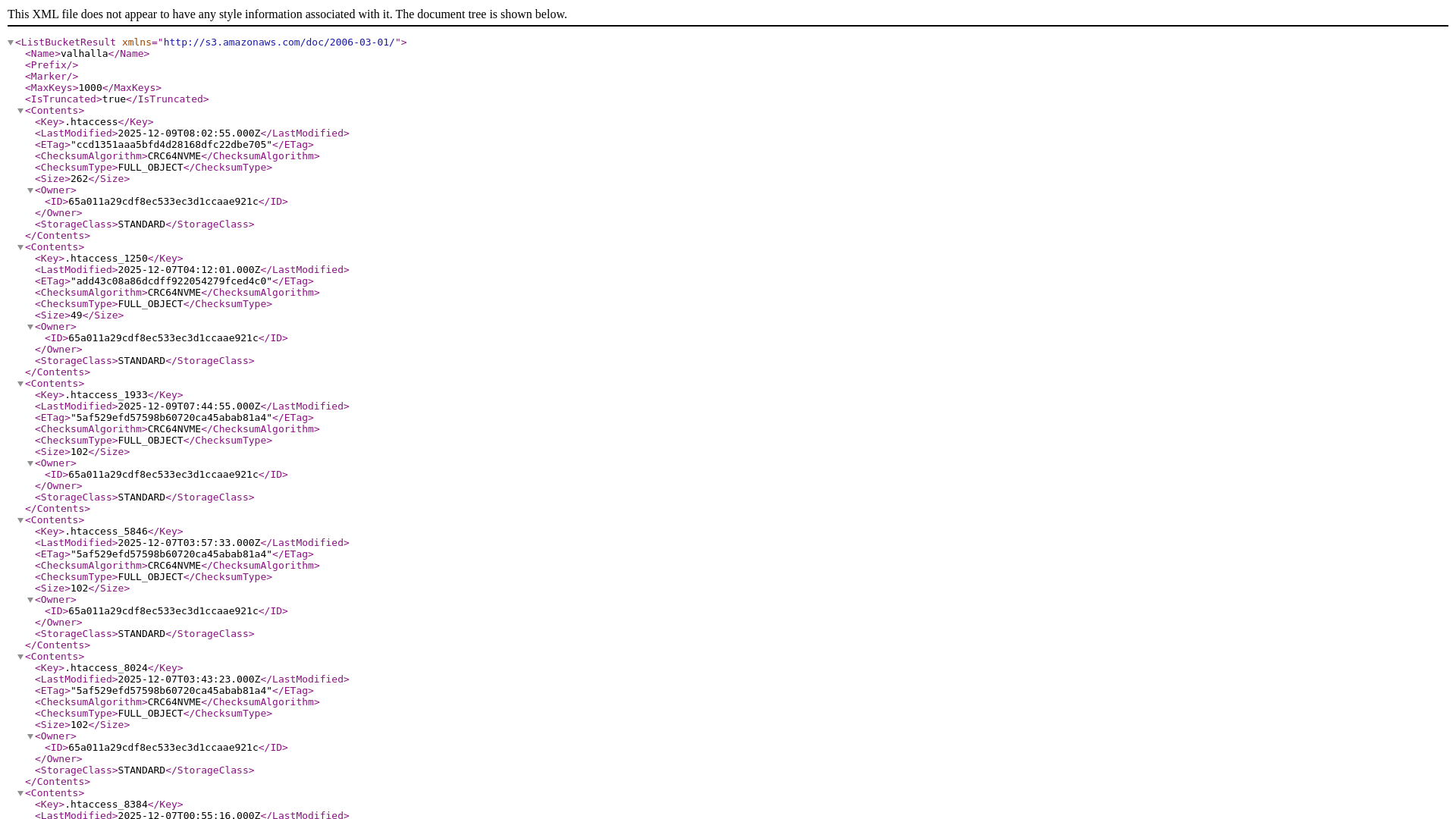 website screenshot of https://valhalla.s3.amazonaws.com