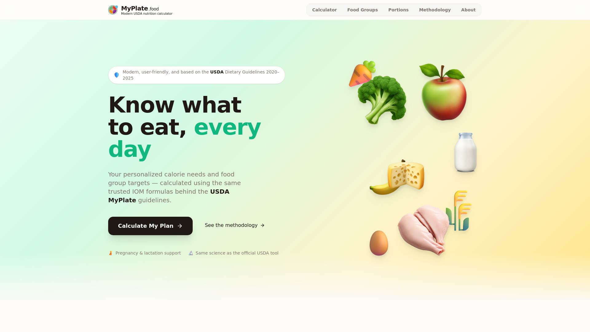 website screenshot of https://myplate.food/