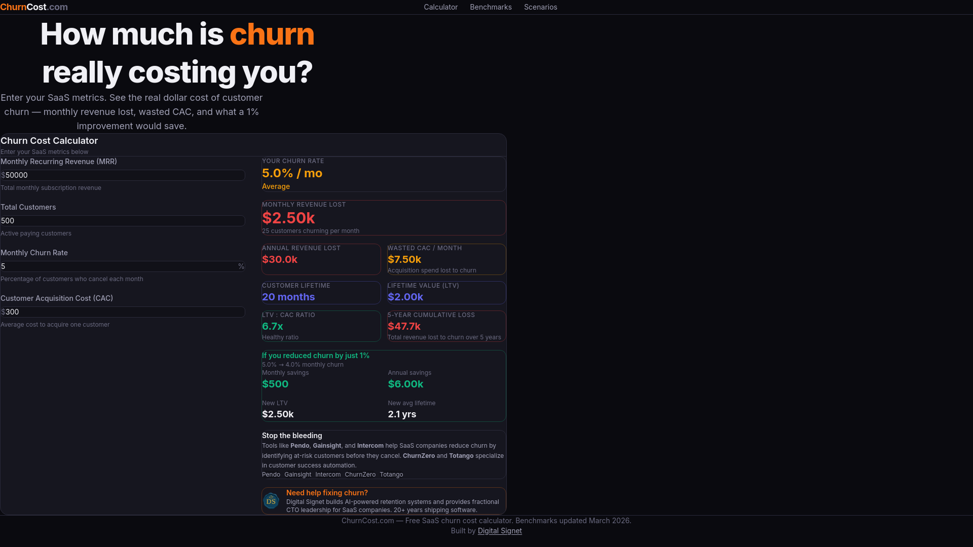 website screenshot of https://churncost.com/