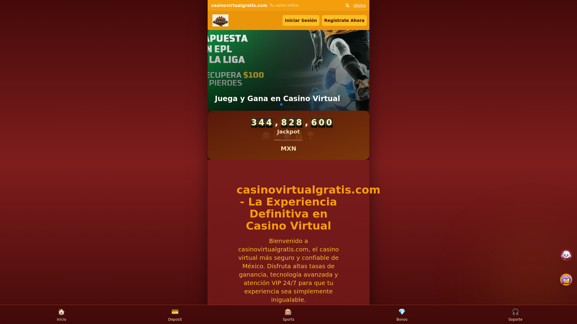 website screenshot of https://casinovirtualgratis.com