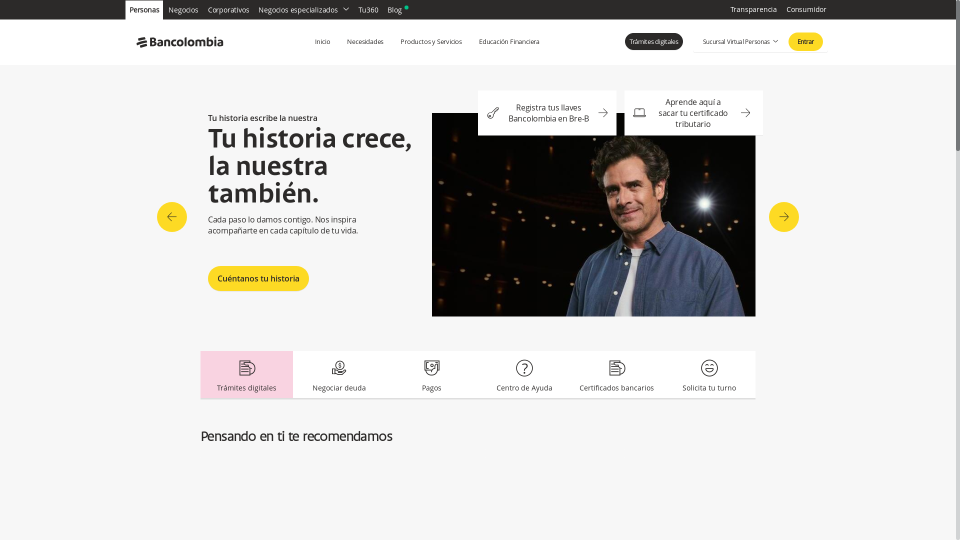 website screenshot of https://www.bancolombia.com/personas