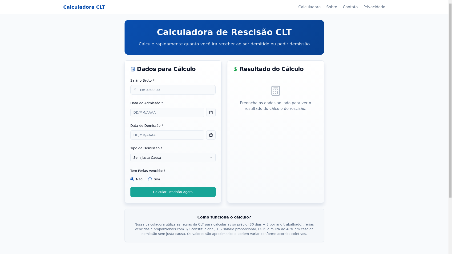 website screenshot of https://calculadorarescisaoclt.com.br/