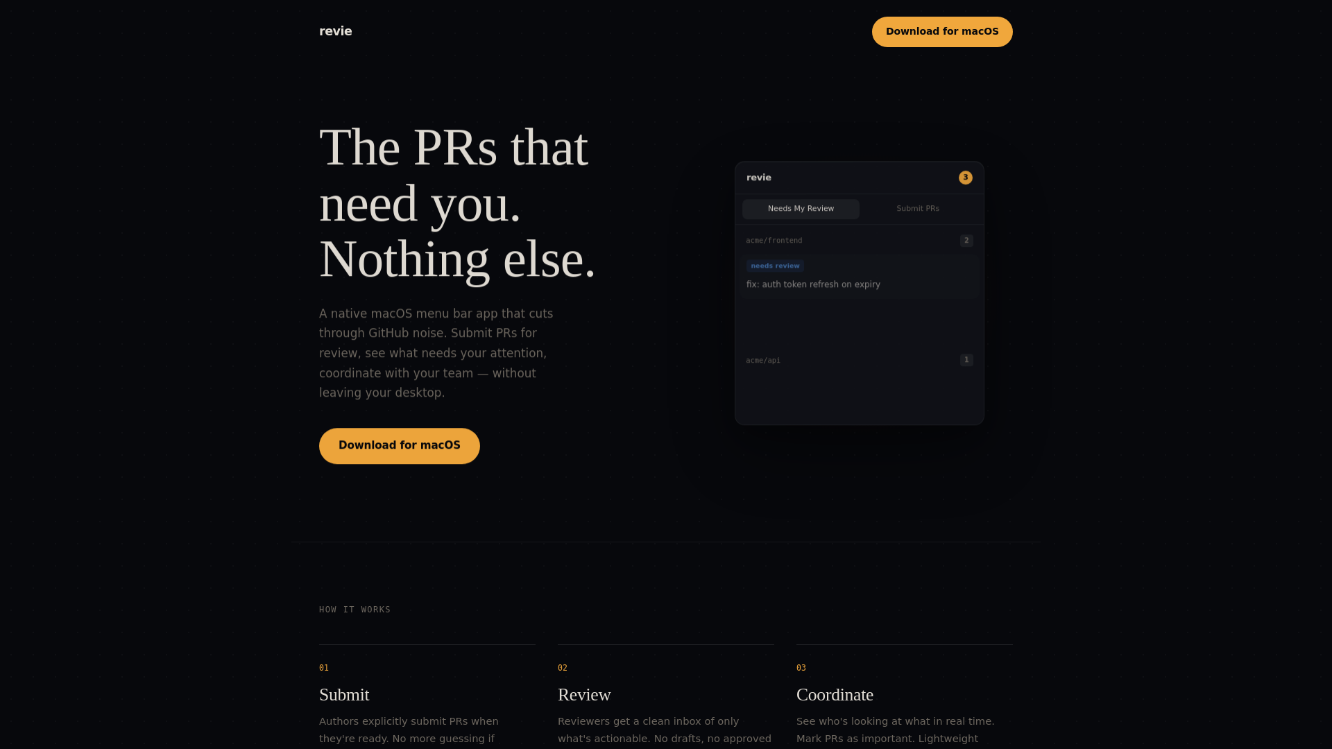 website screenshot of https://revieapp.dev/