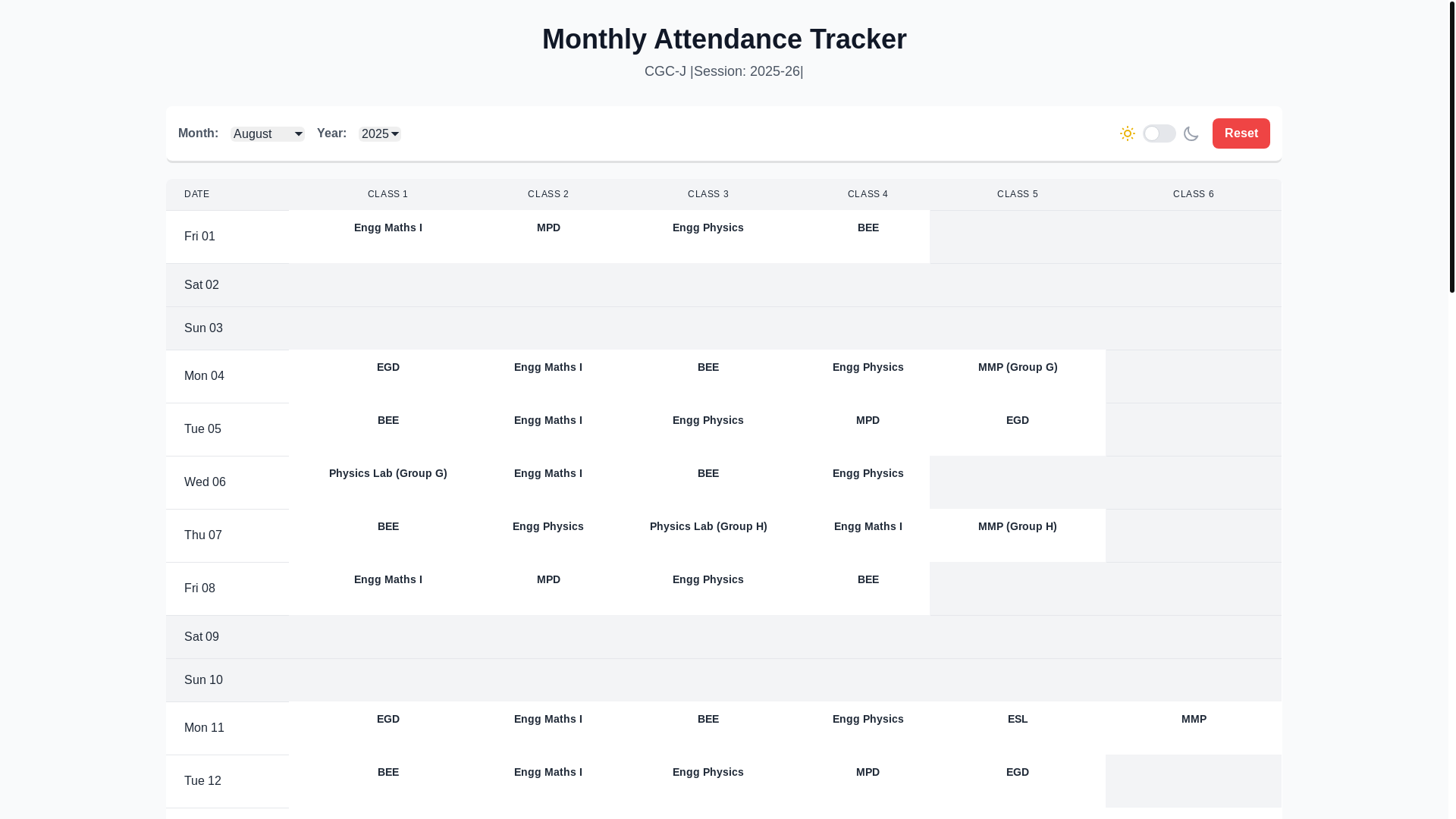 website screenshot of https://attendence-tracker.pages.dev/