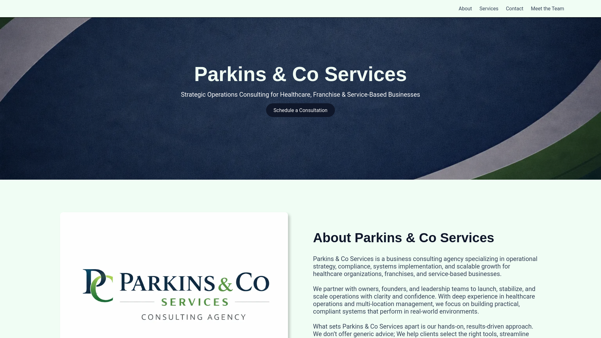 website screenshot of https://parkinscoservices.com/