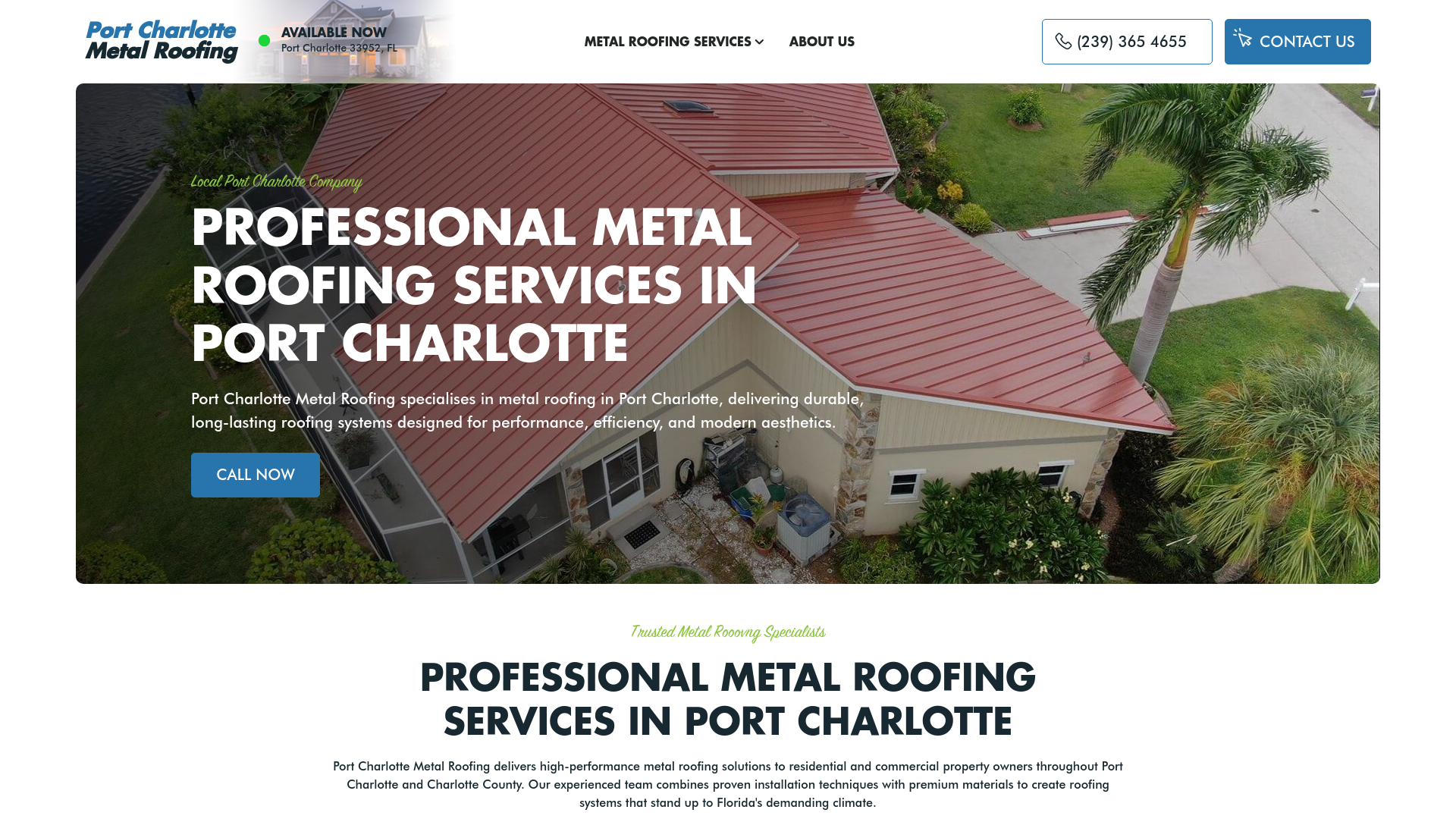 website screenshot of https://metalroofingportcharlotte.com