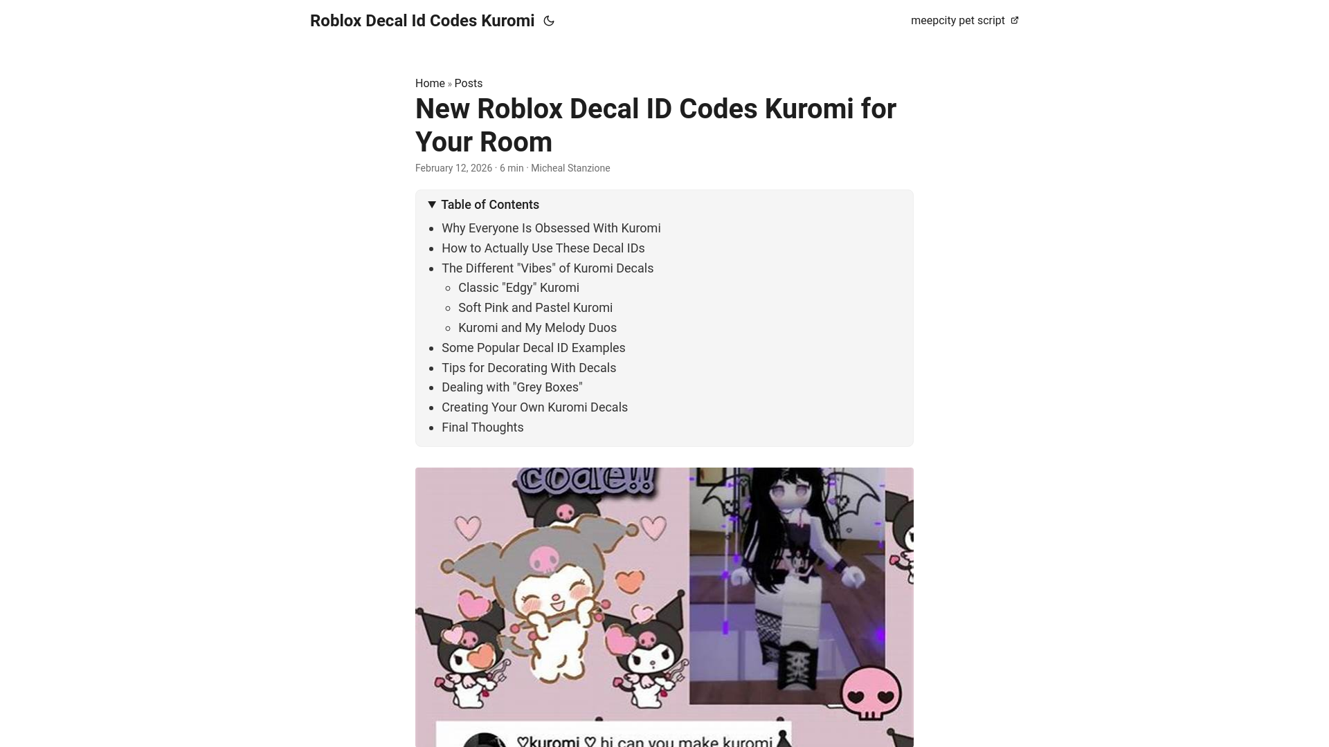 website screenshot of https://roblox-decal-id-codes-kuromi.pages.dev/