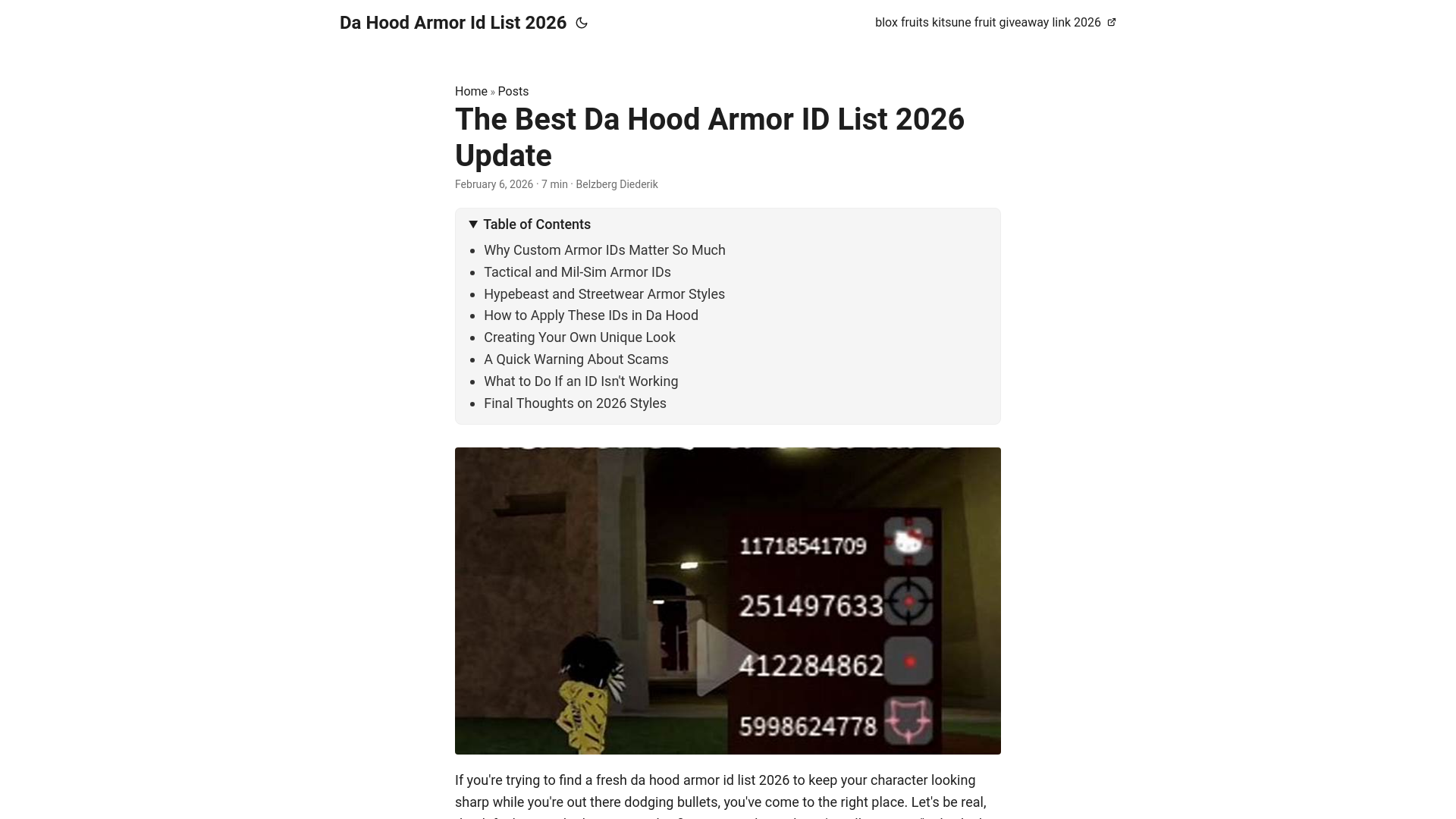 website screenshot of https://da-hood-armor-id-list-2026.pages.dev/