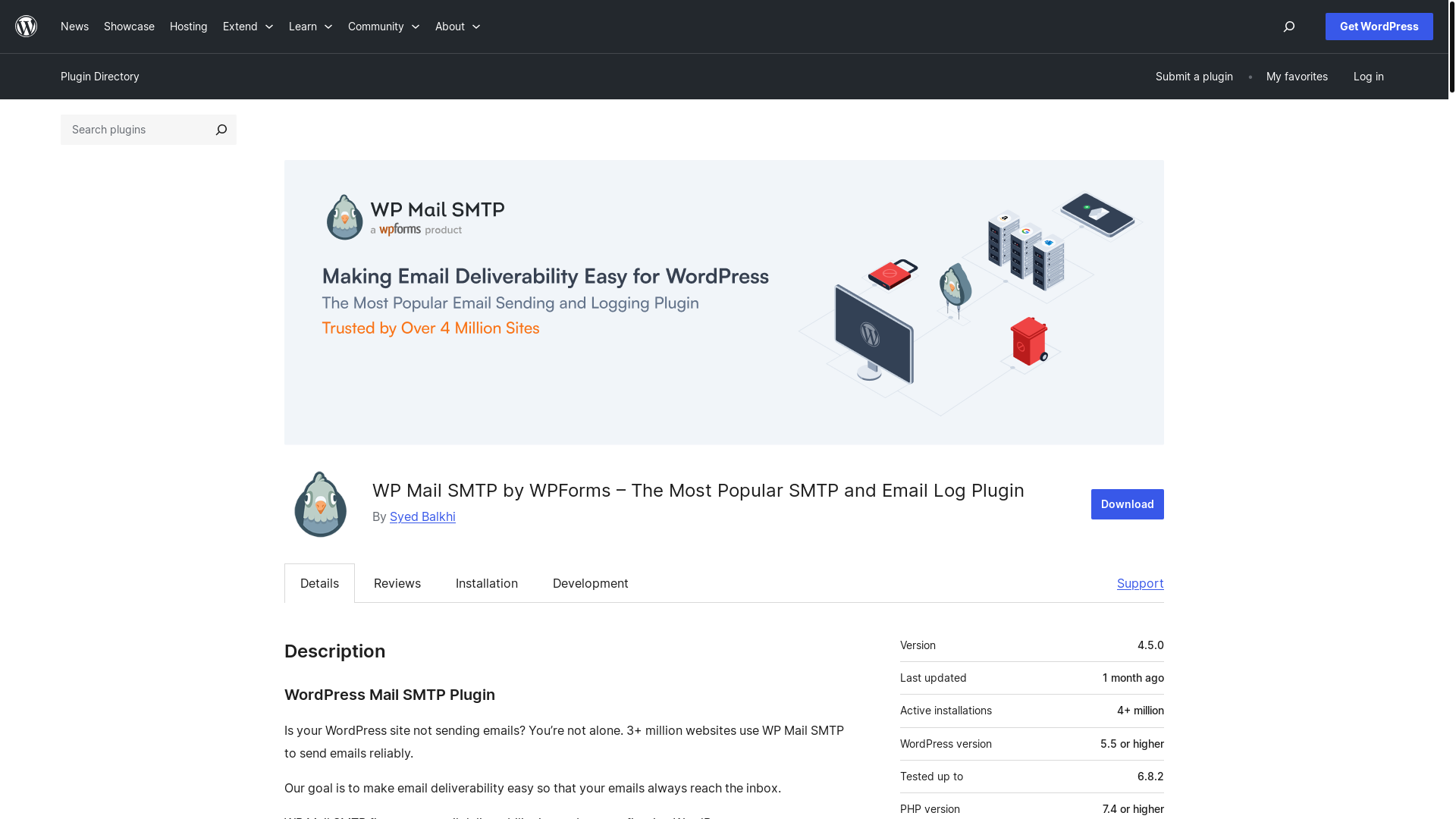 website screenshot of https://wordpress.org/plugins/wp-mail-smtp/