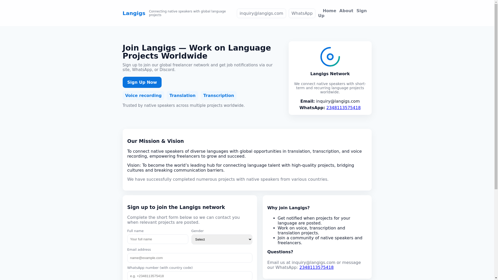 website screenshot of https://langigs.com/