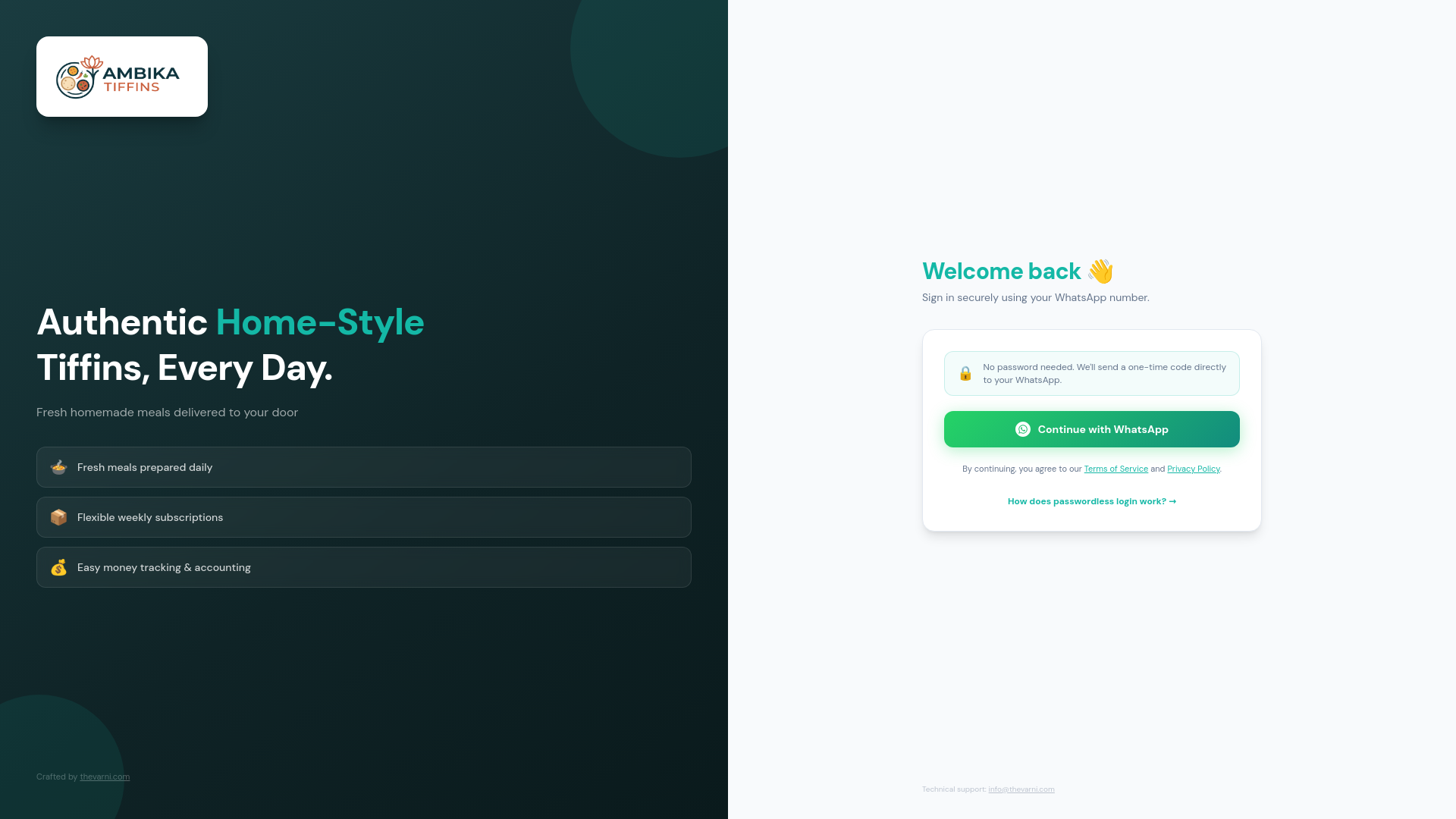 website screenshot of https://ambikatiffins.com/