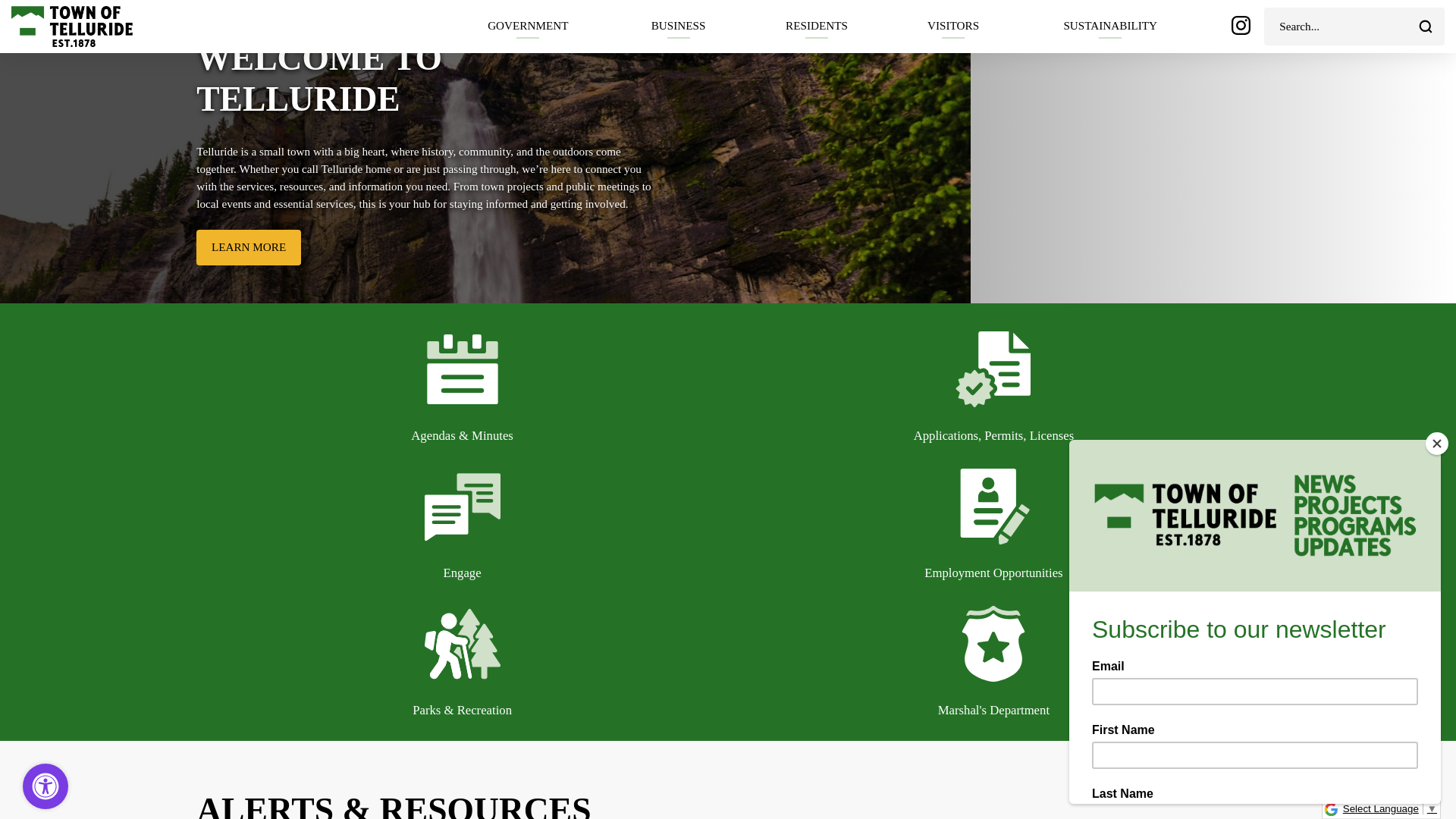 website screenshot of https://telluride.gov/