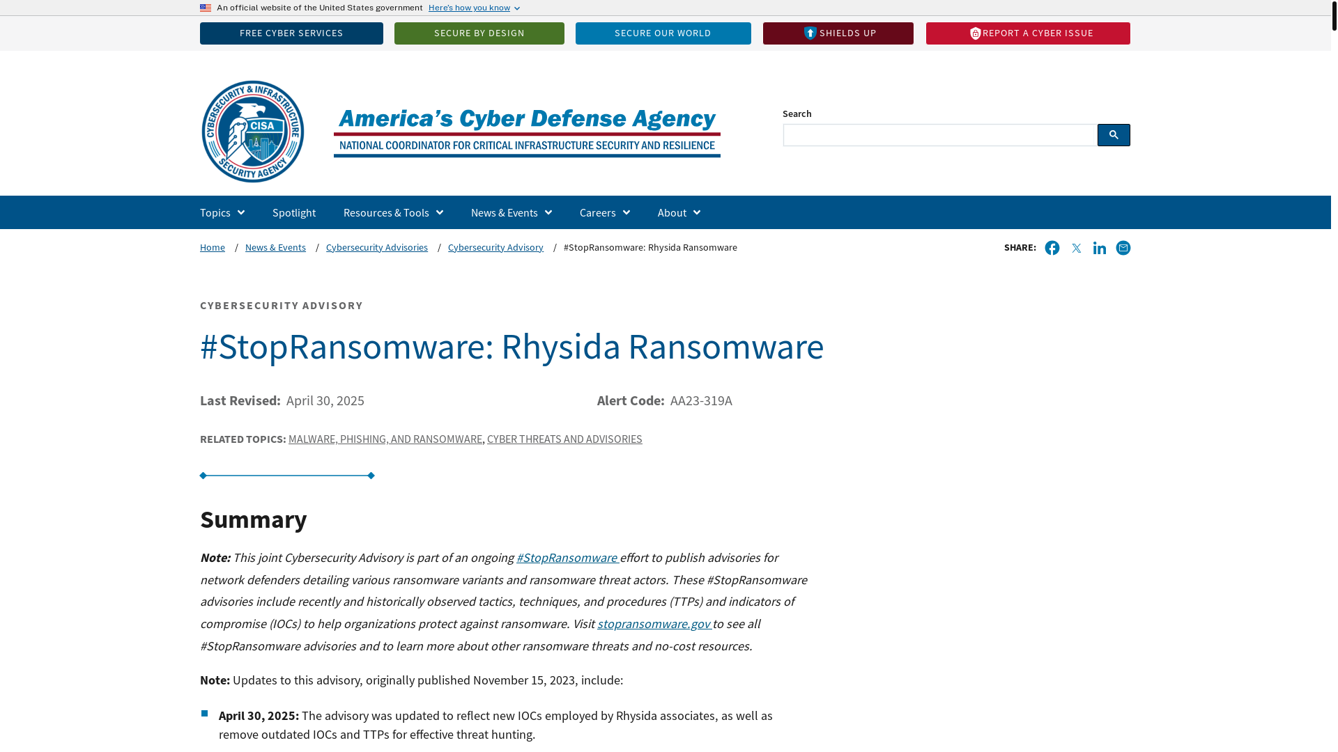 website screenshot of https://www.cisa.gov/news-events/cybersecurity-advisories/aa23-319a