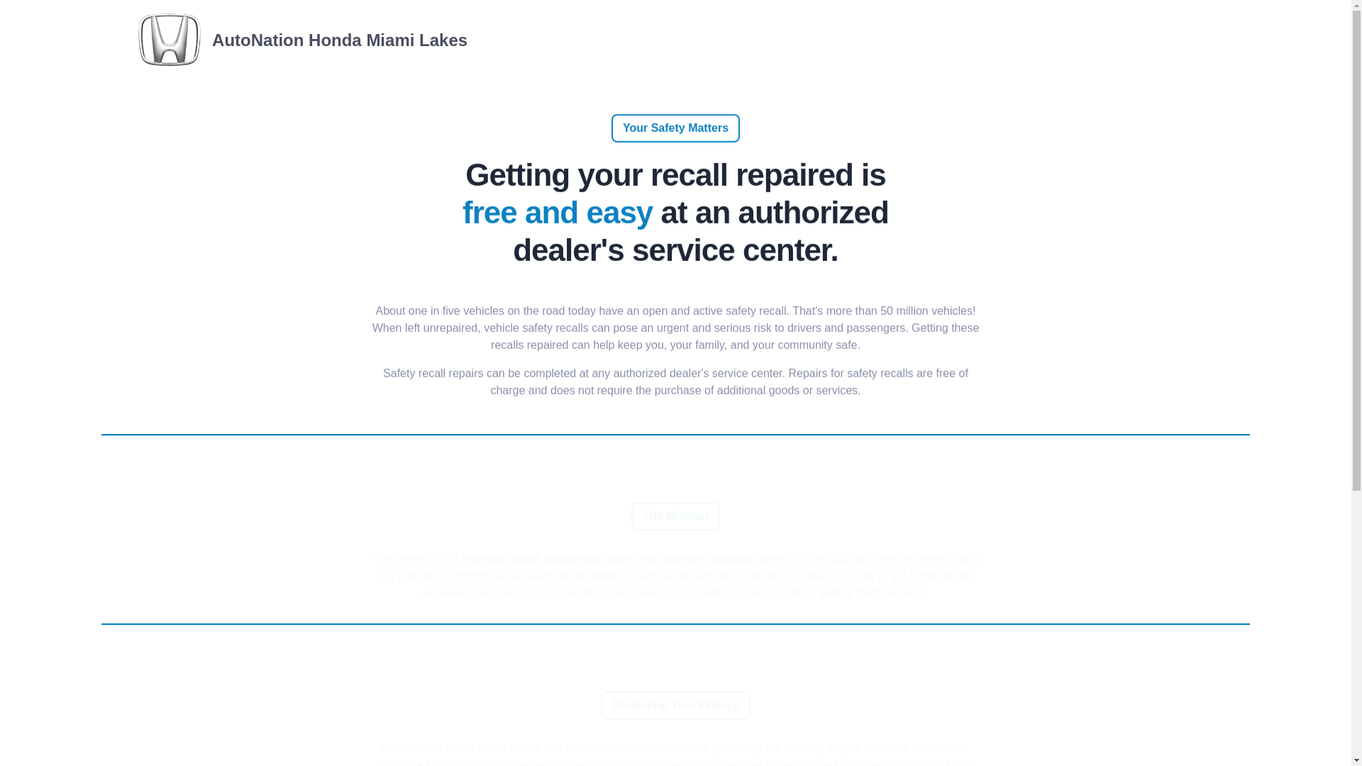 website screenshot of https://autonationhondamiamilakesrecalls.com/