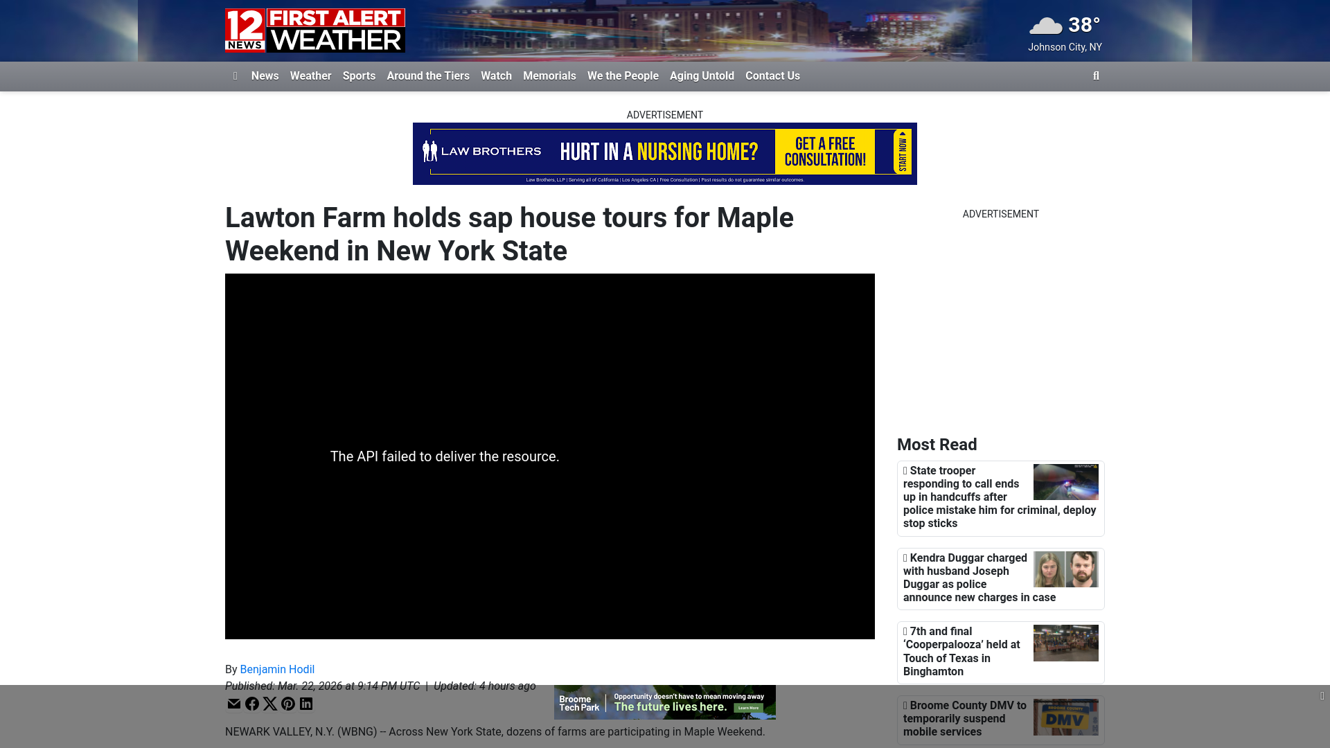 website screenshot of https://www.wbng.com/2026/03/22/lawton-farm-holds-sap-house-tours-maple-weekend-new-york-state/