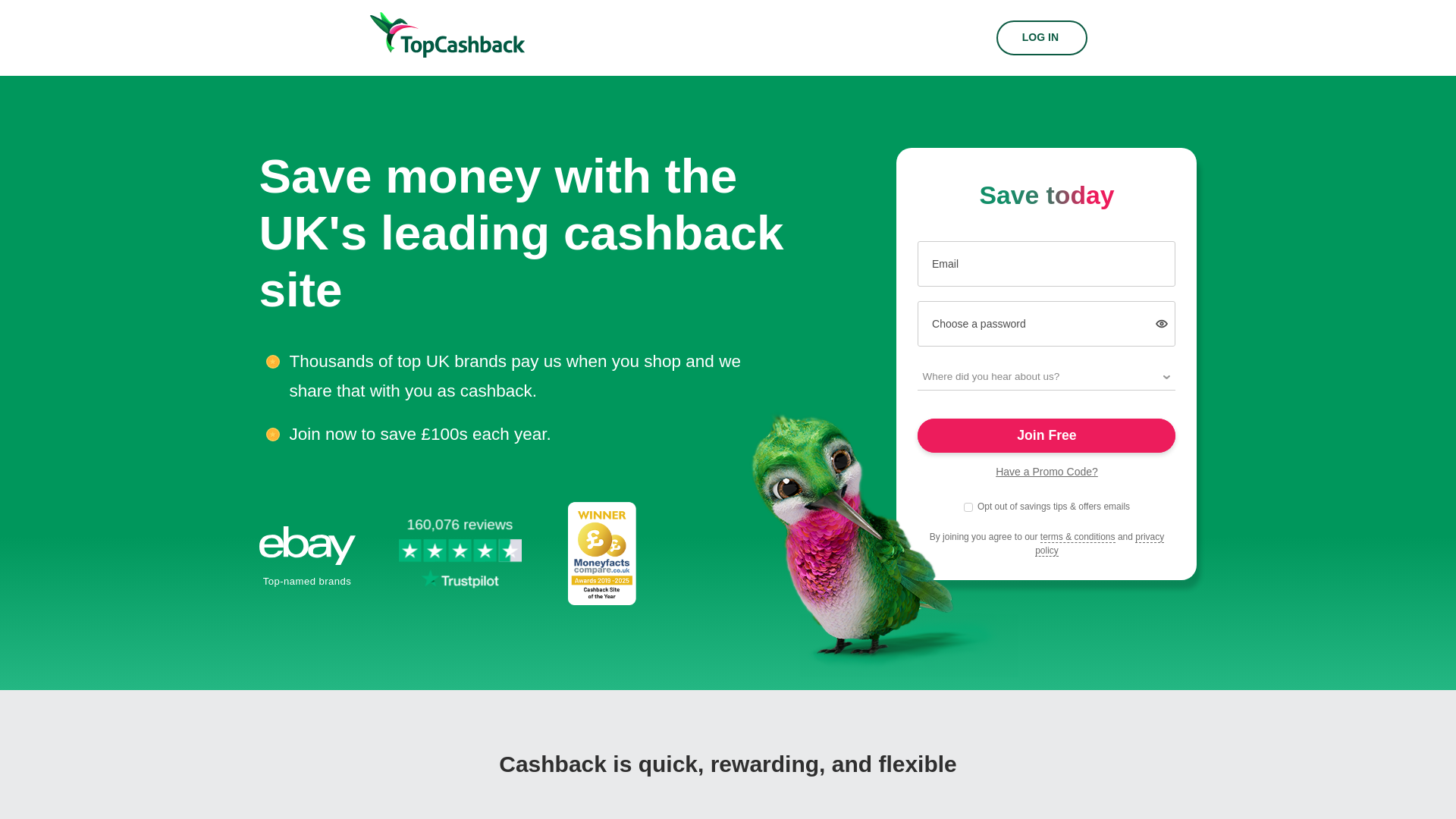 website screenshot of https://www.topcashback.co.uk/