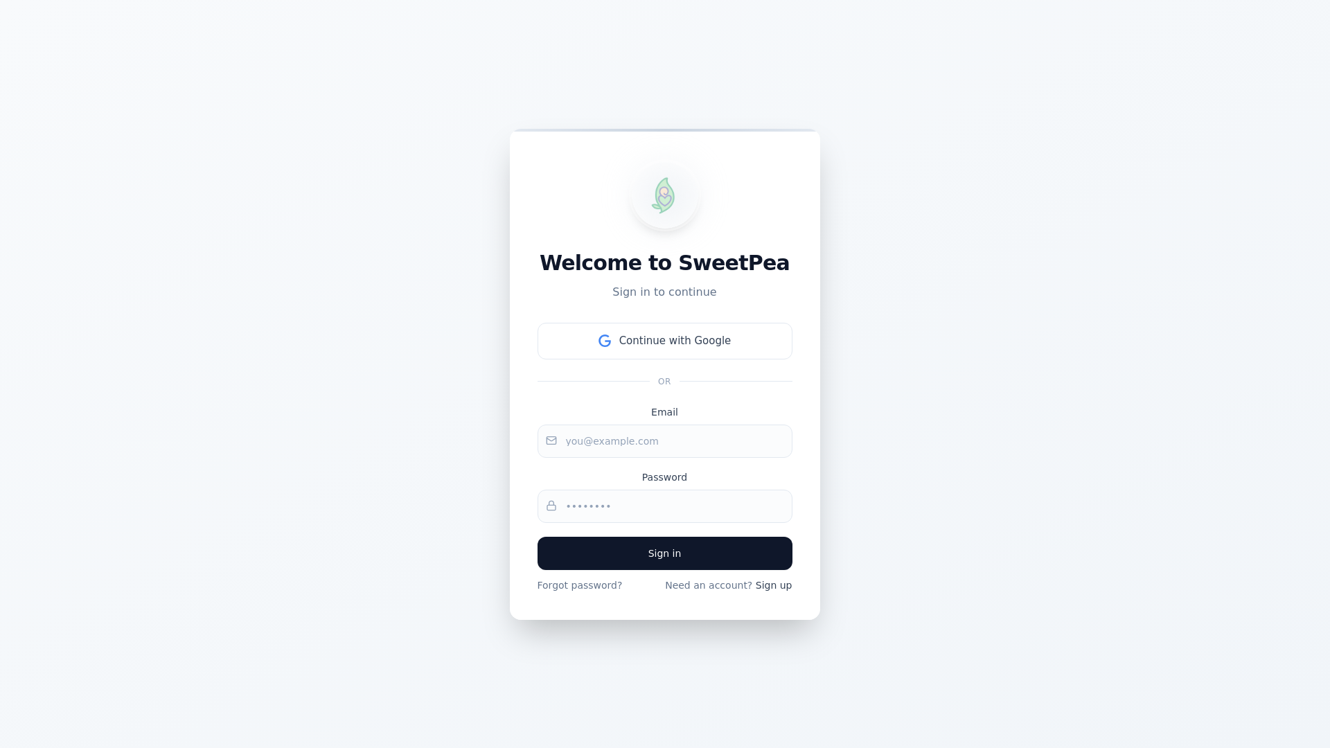 website screenshot of https://sweetpeaapp.com/