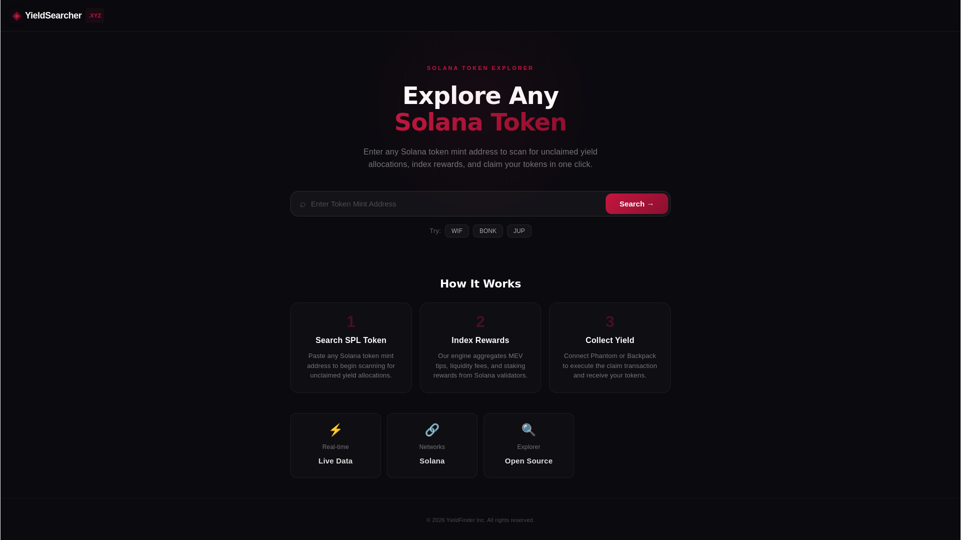 website screenshot of https://yieldsearcher.xyz